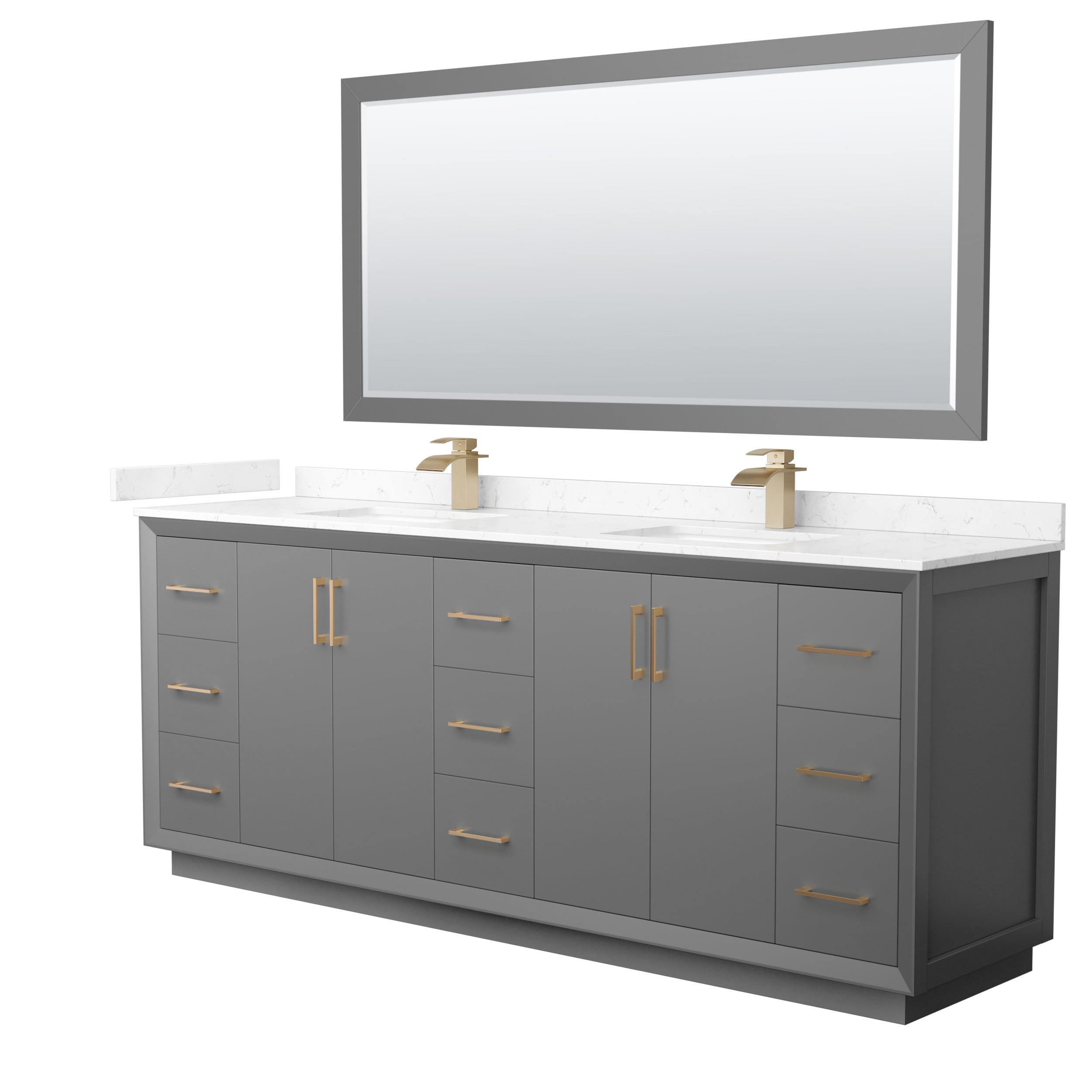 Wyndham Collection WCF414184DGZC2UNSM70 Strada 84-in Dark Gray with Satin Bronze Trim Undermount Double Sink Bathroom Vanity with Carrara Cultured Marble Top (Mirror Included)