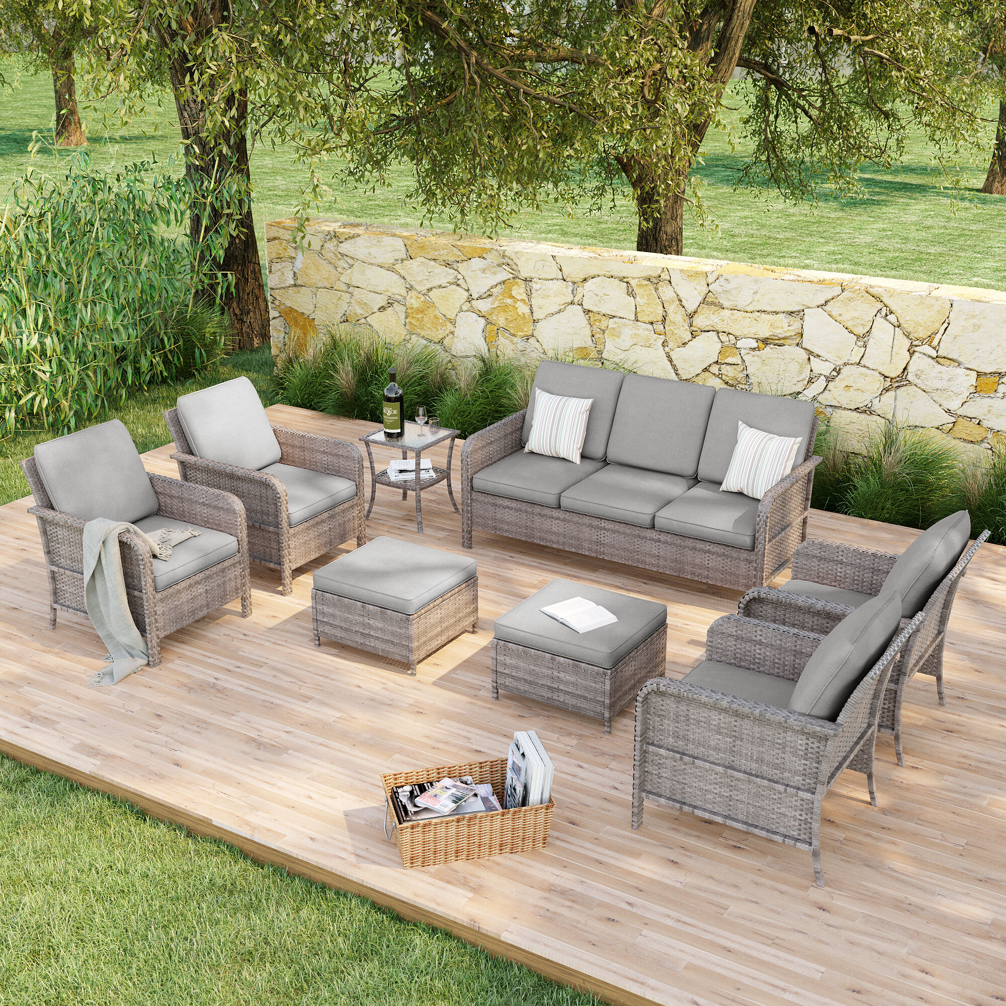 Sonkuki SD-PS-155HGY-S2T2 Patio Conversation Set 8 -Piece Wicker Patio Sofa Conversation Set with Gray Cushions