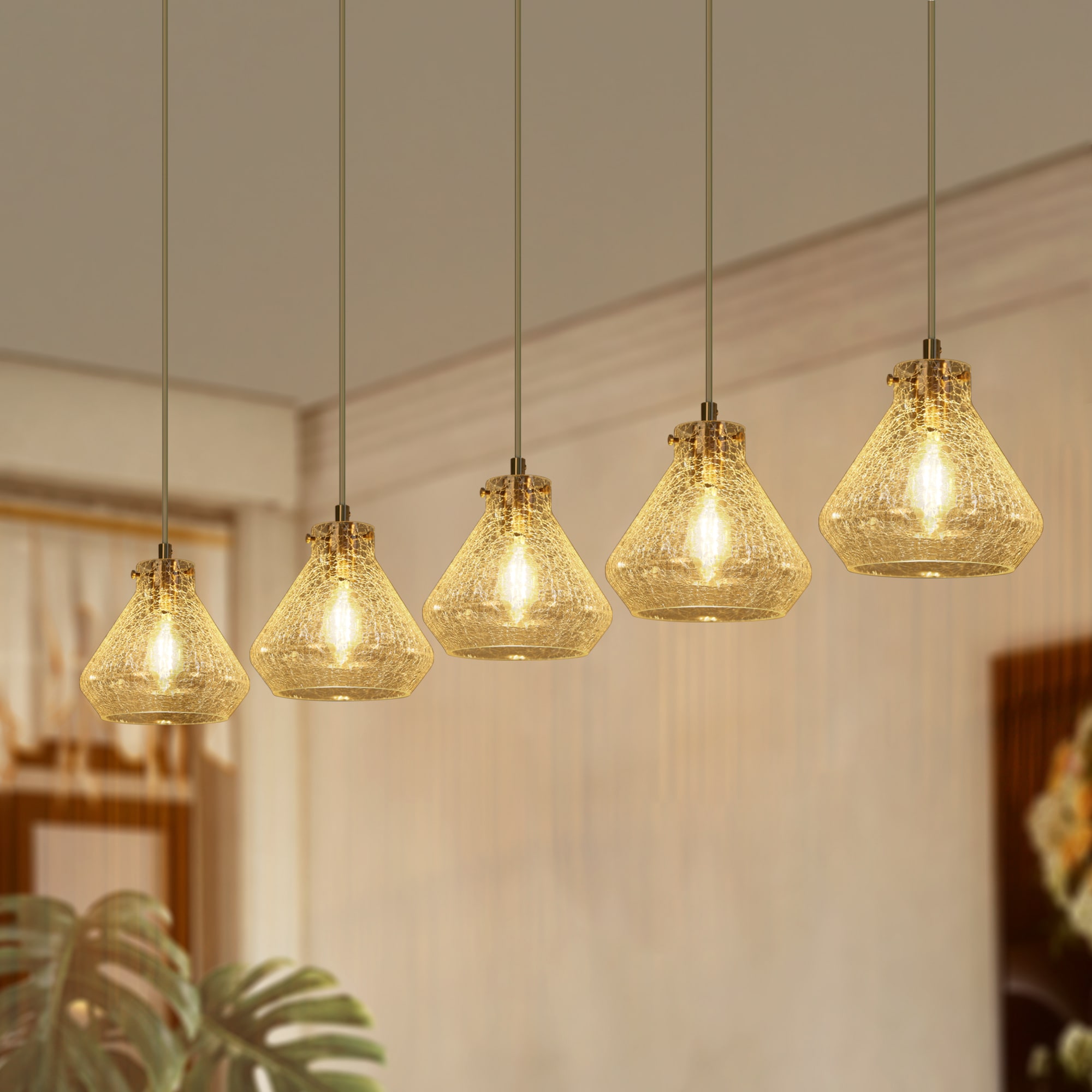 ZEVNI L3VNIAUBW8602S29 Luminel DIY 5 -Light Modern Brushed Gold Dining Room Chandelier Transitional Crackled glass Linear Large Hanging Kitchen island light