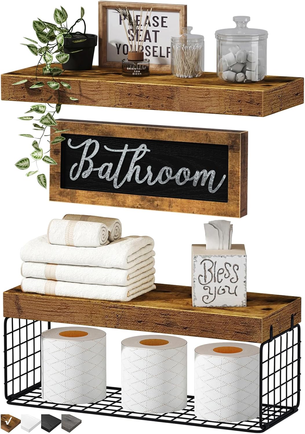 QEEIG Bathroom Shelves Over Toilet Wall Mounted Farmhouse Decor Floating Shelf 3 Piece Set 16 Inch Rustic Brown 020BN