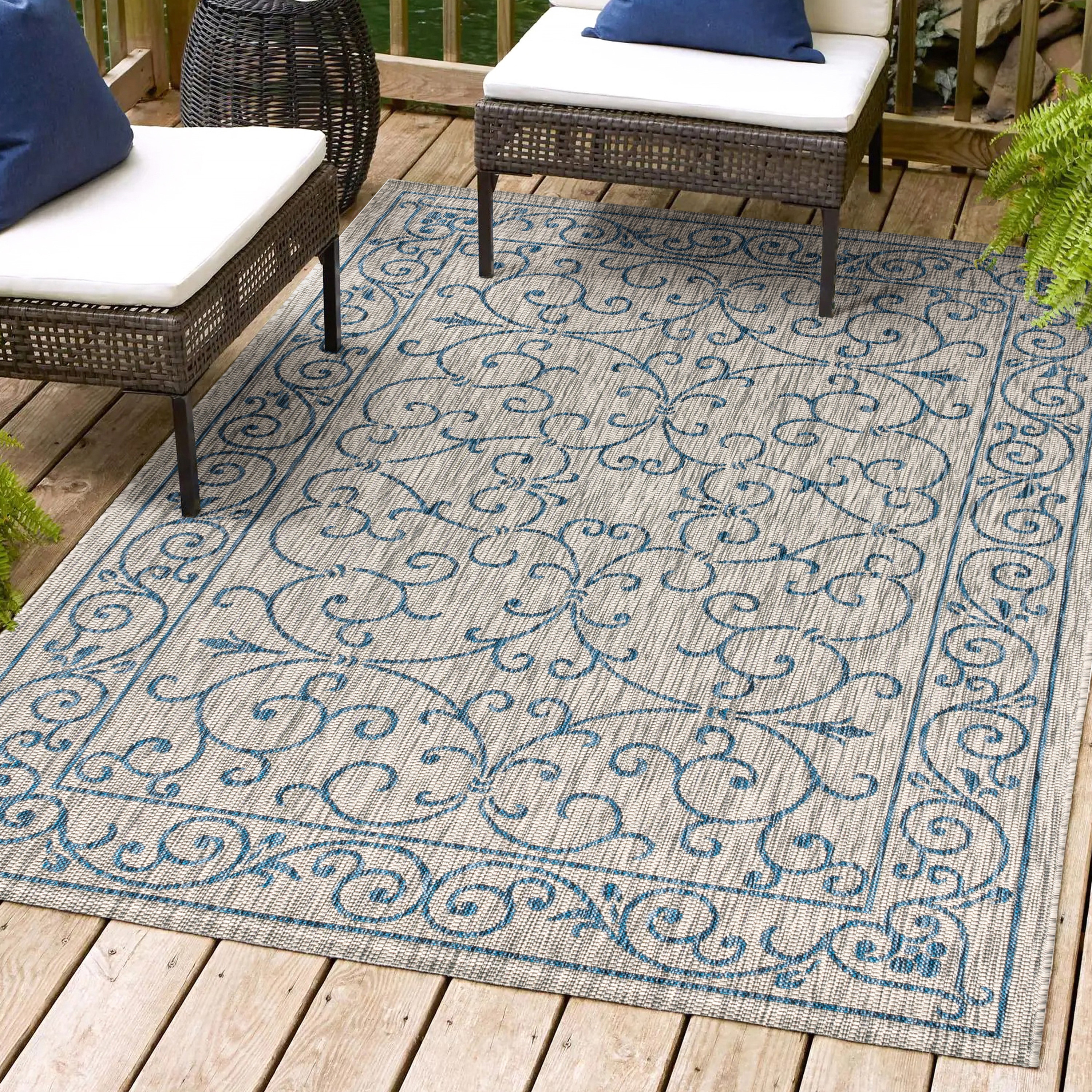 JONATHAN  Y SMB106C-8 Santa Monica Charleston Filigree Textured Weave 8 x 10 (ft) Loomed Polypropylene Gray/Navy Rectangular Indoor/Outdoor Border Coastal Area rug