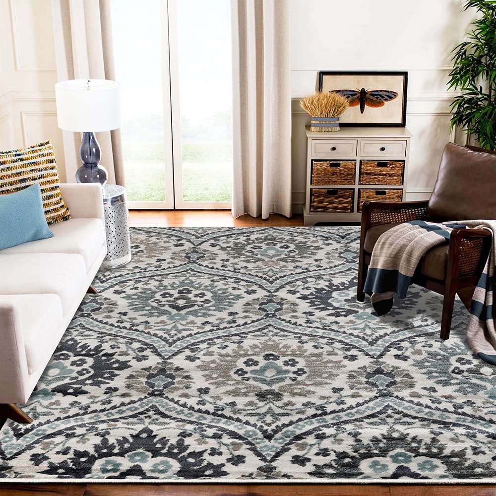 Deep Royal Floral Synthetic 7' x 9' Area Rug