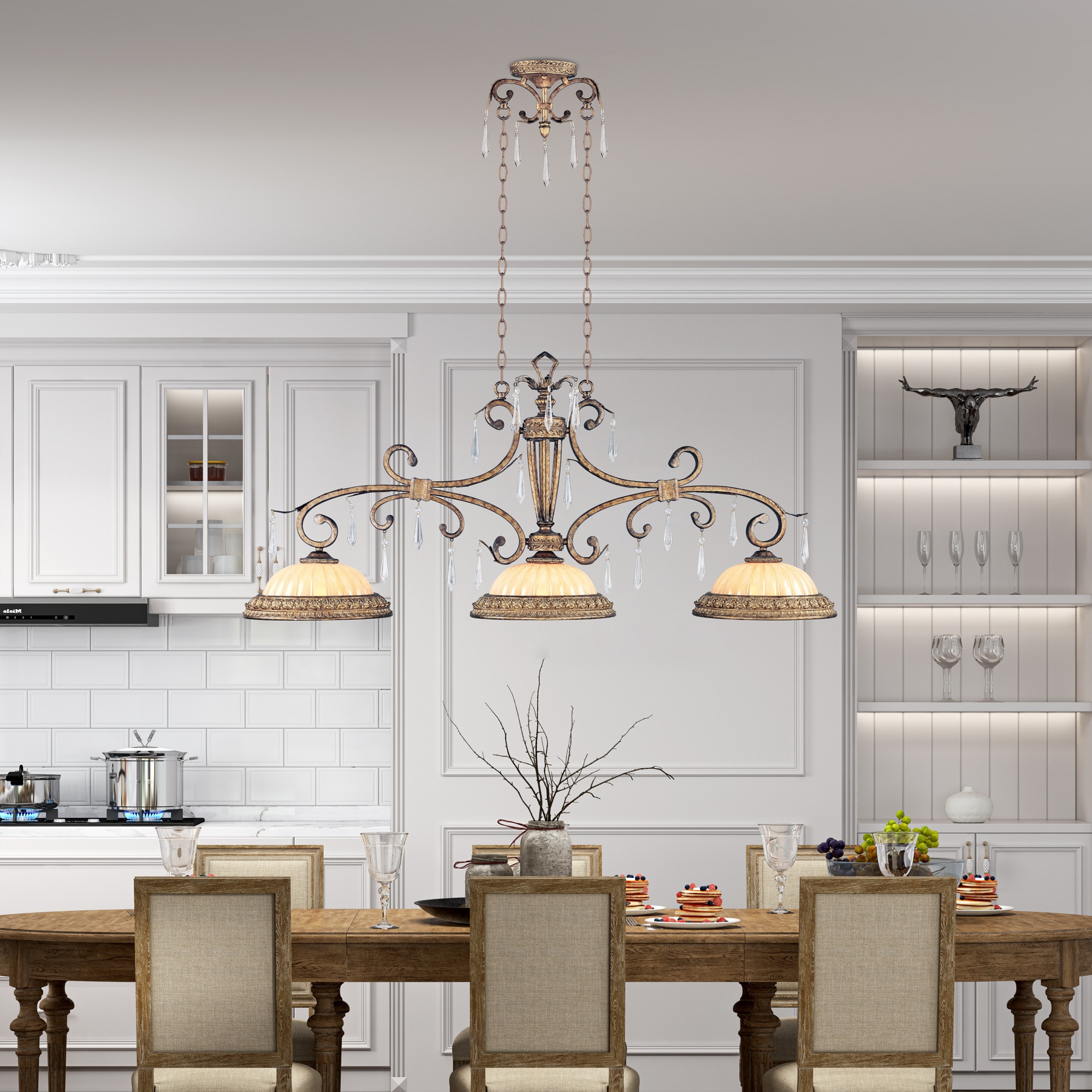 Vintage Gold Leaf 3-Light Crystal Island Chandelier