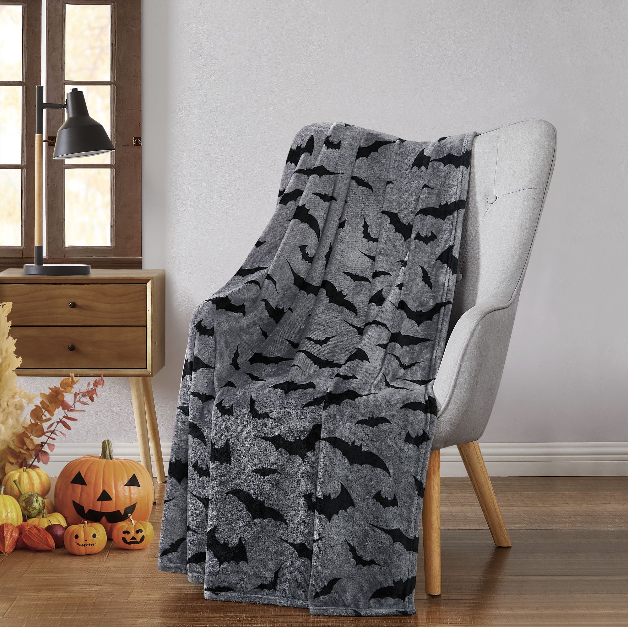 KATE AURORA Ultra Soft and Plush Gray and Black Spooky Halloween Bats Accent Throw Blanket 50 in W x 70 in L