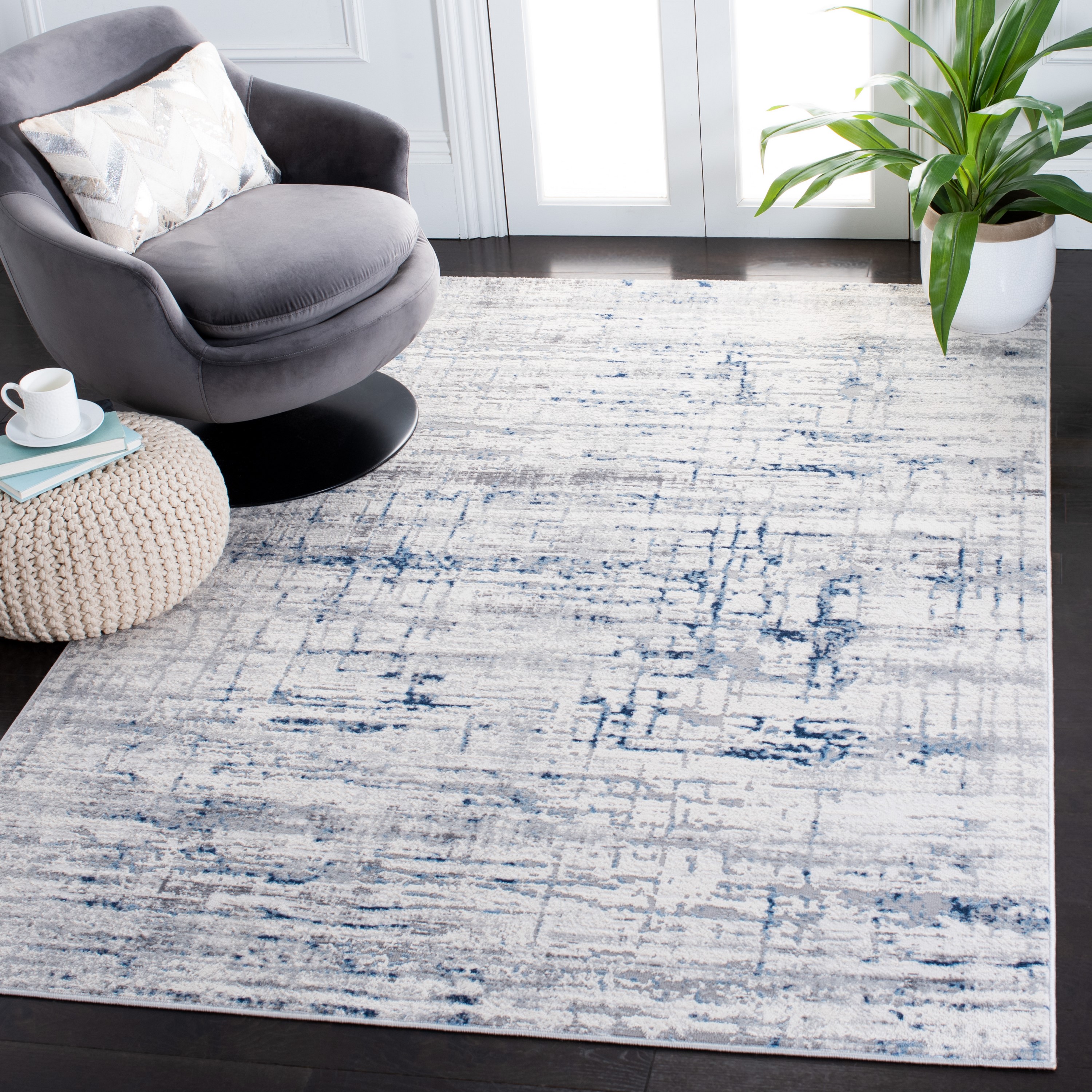 Amelia Ivory and Blue Abstract Square Area Rug