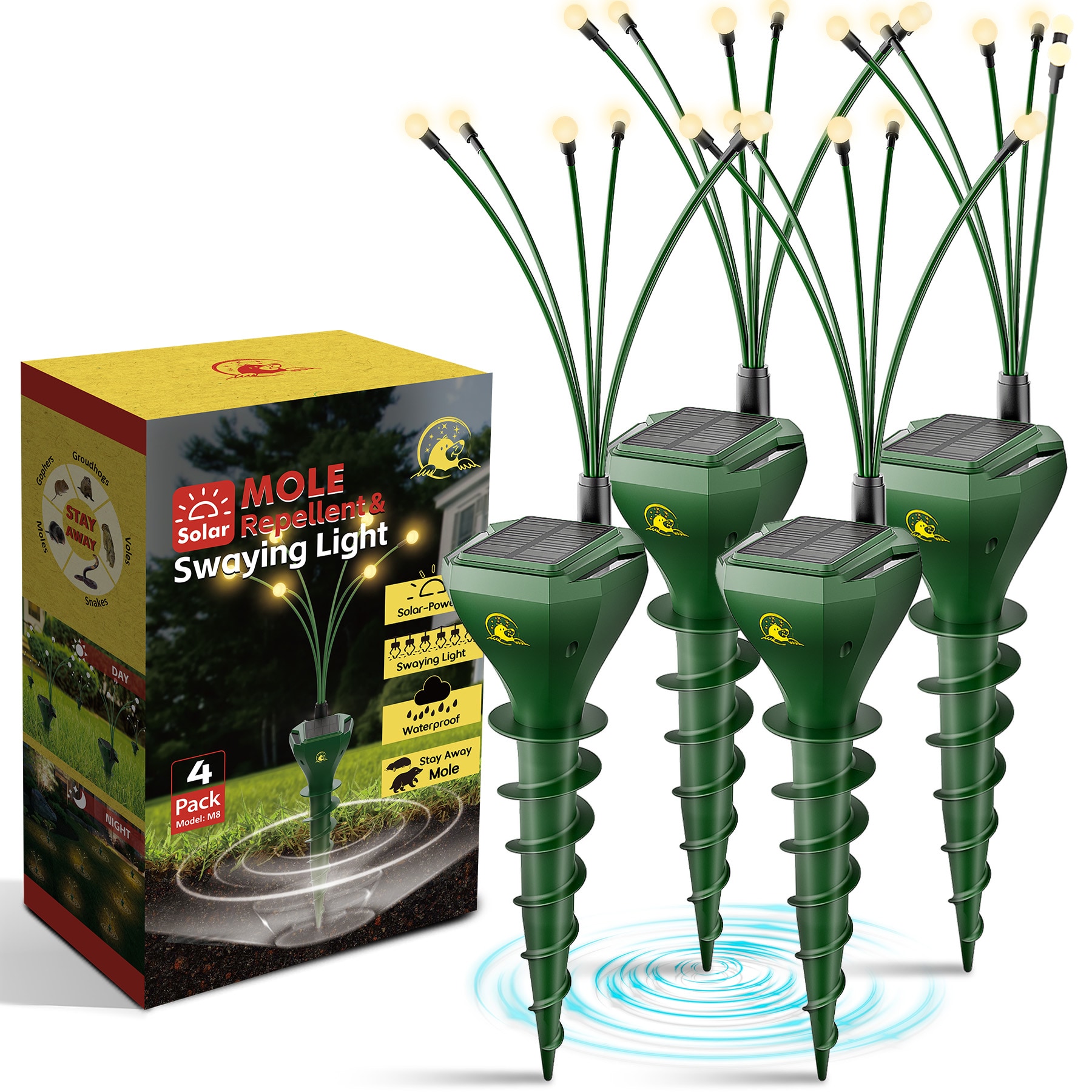 Yardgrace  4 Pack Solar Mole Repellent Stakes for Outdoor Lawn Gopher Repeller Stakes with Firefly LED Lights