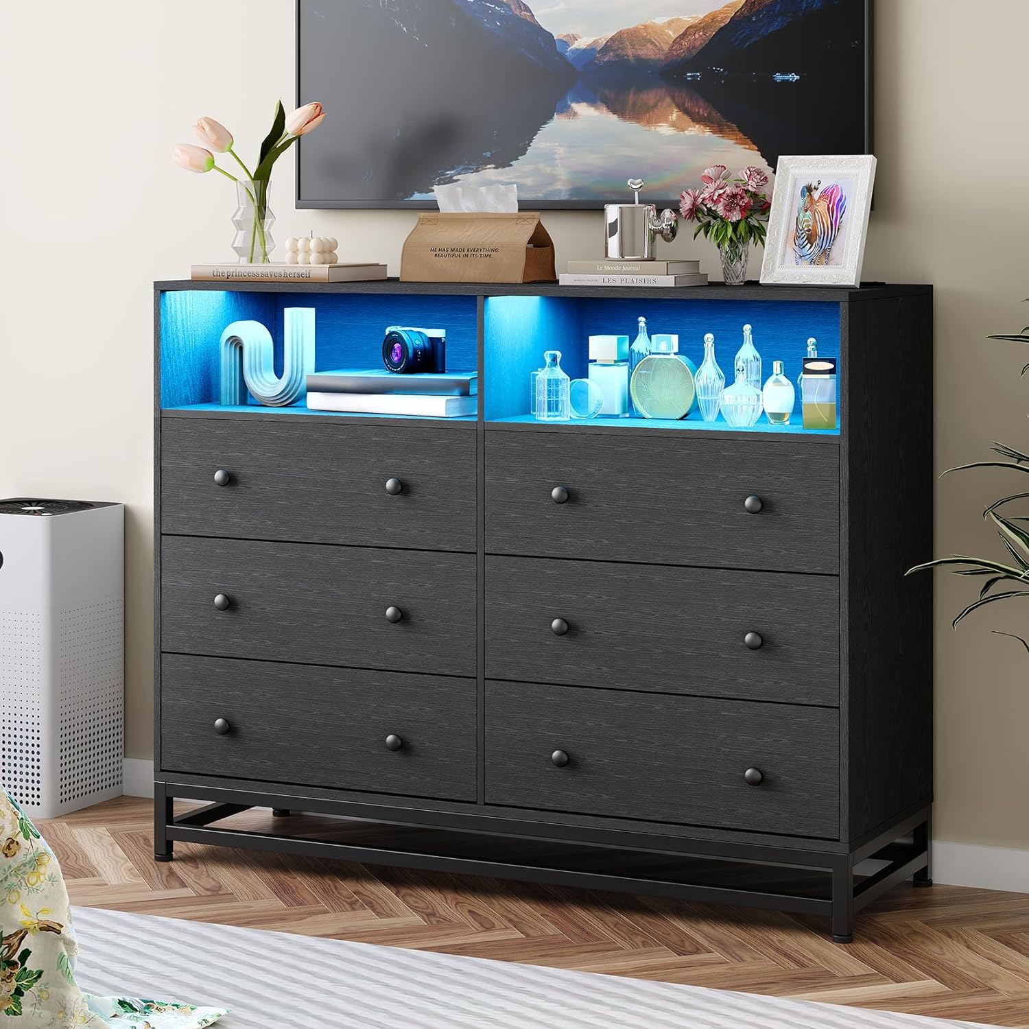 Der Rose ML-PHO-11ERTP5Y 6 Drawer Wood Dresser with LED Light Charging Station Wide Modern TV Stand for Bedroom Living Room Entryway Hallway Deep Storage Black Durable Scratch Resistant Particle Board Black