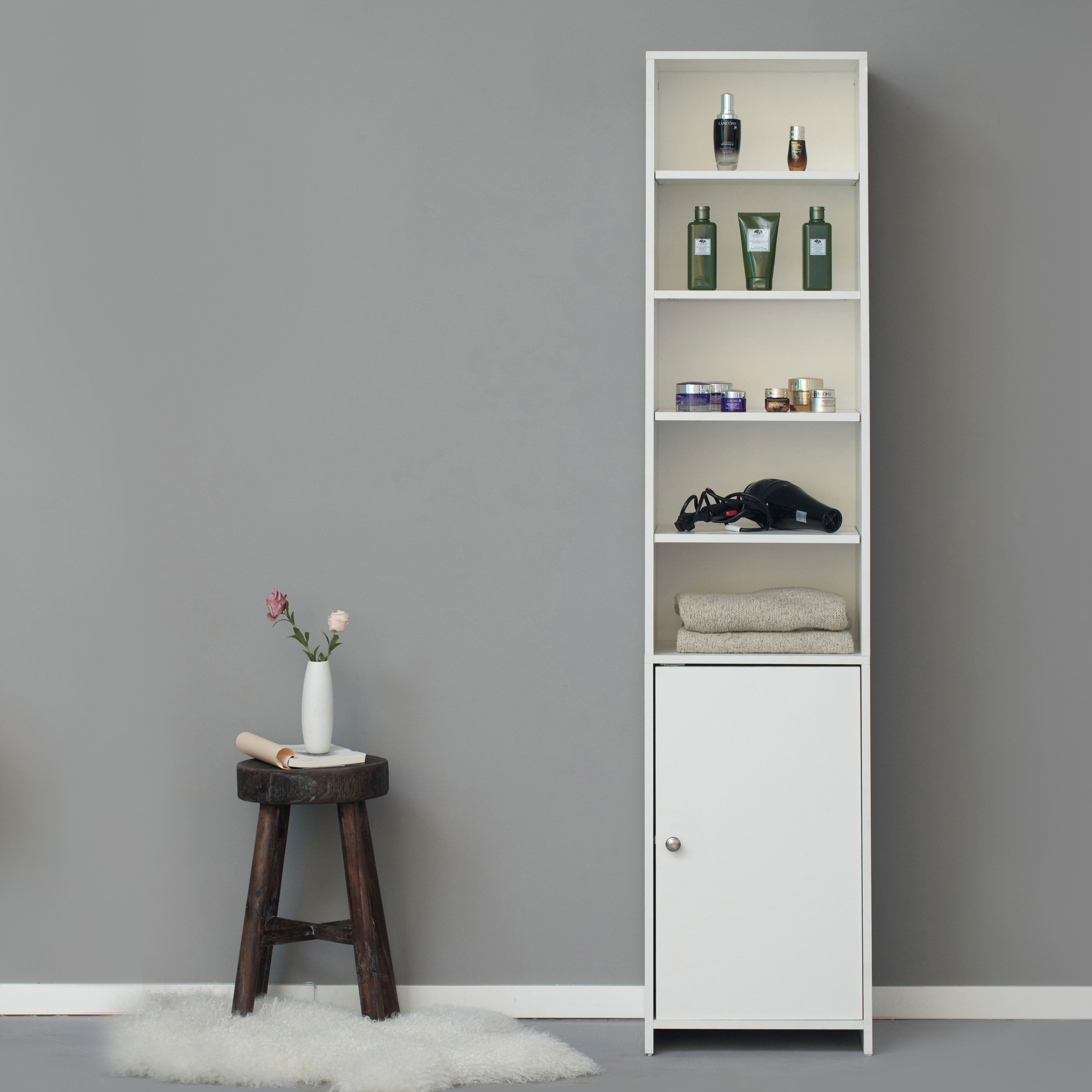 Basicwise Modern White Standing Bathroom Tall Linen Tower Storage Cabinet, Wide