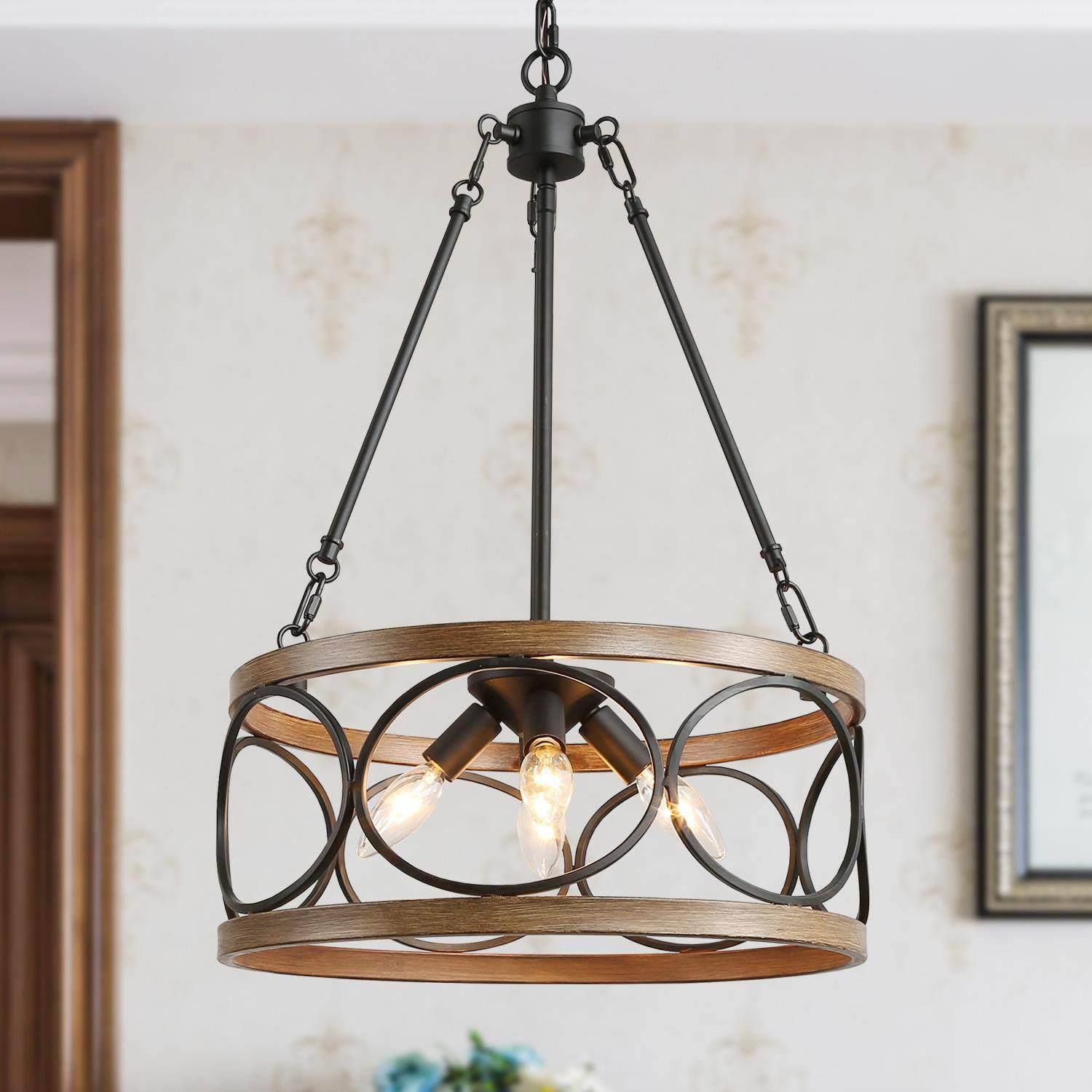 LNC ZV7RJULWS3524Y6 Martin 4 -Light Matte Black and Brown Grain Rustic Drum Small Hanging Pendant light