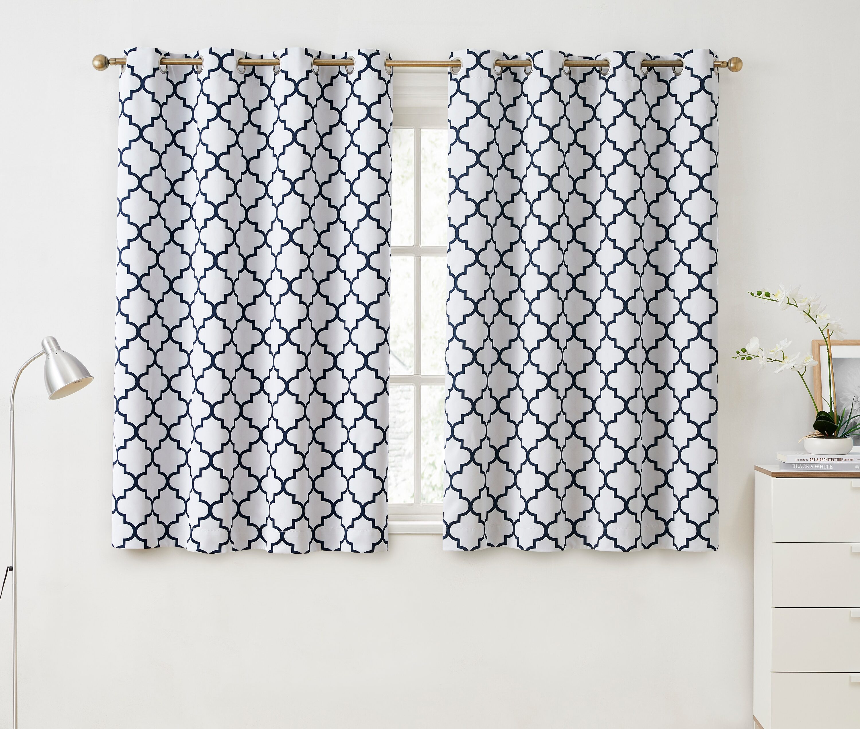 HLC.me LTTCPRNT-63W/NVY 63-Inches Platinum White/Navy Blue Blackout Thermal lined Grommet Curtain panel pair