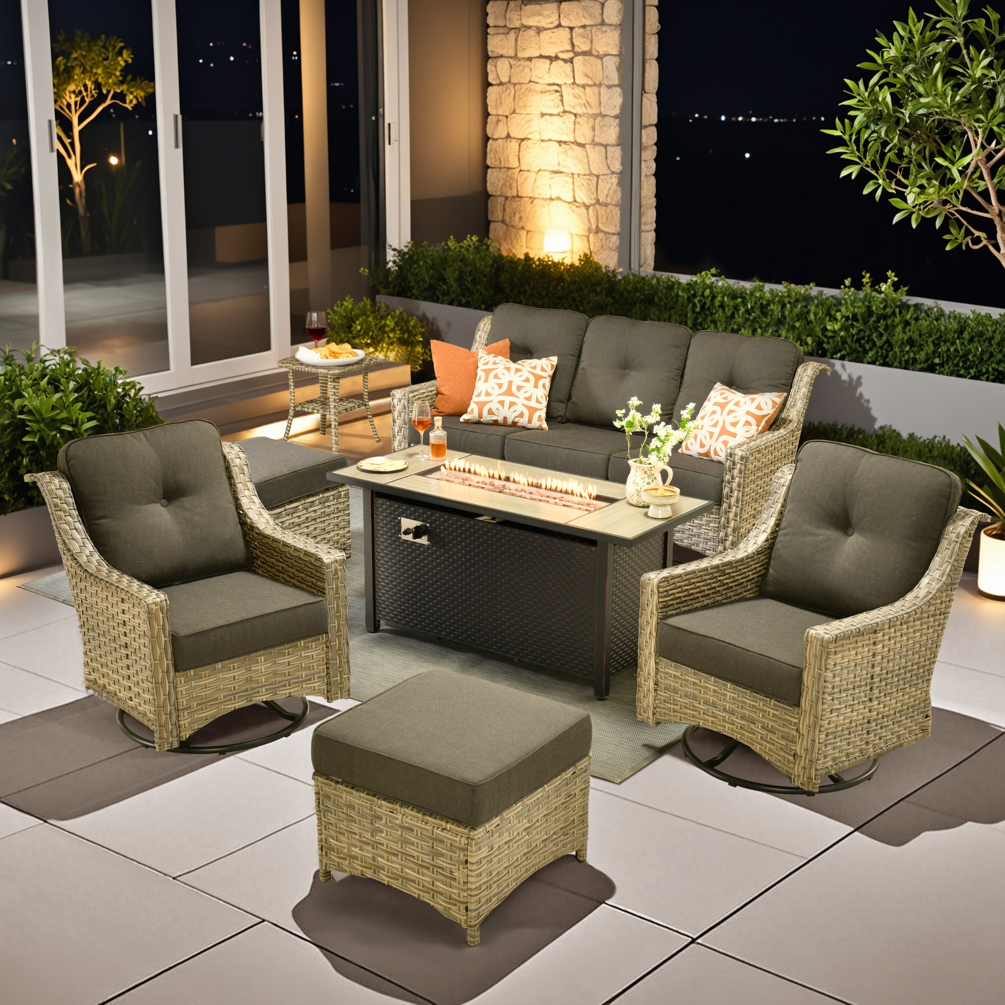 weaxty HMBCFP8503PADYZ71S1 Aireno 7 -Piece Wicker Patio Sofa Conversation Set with Black Cushions