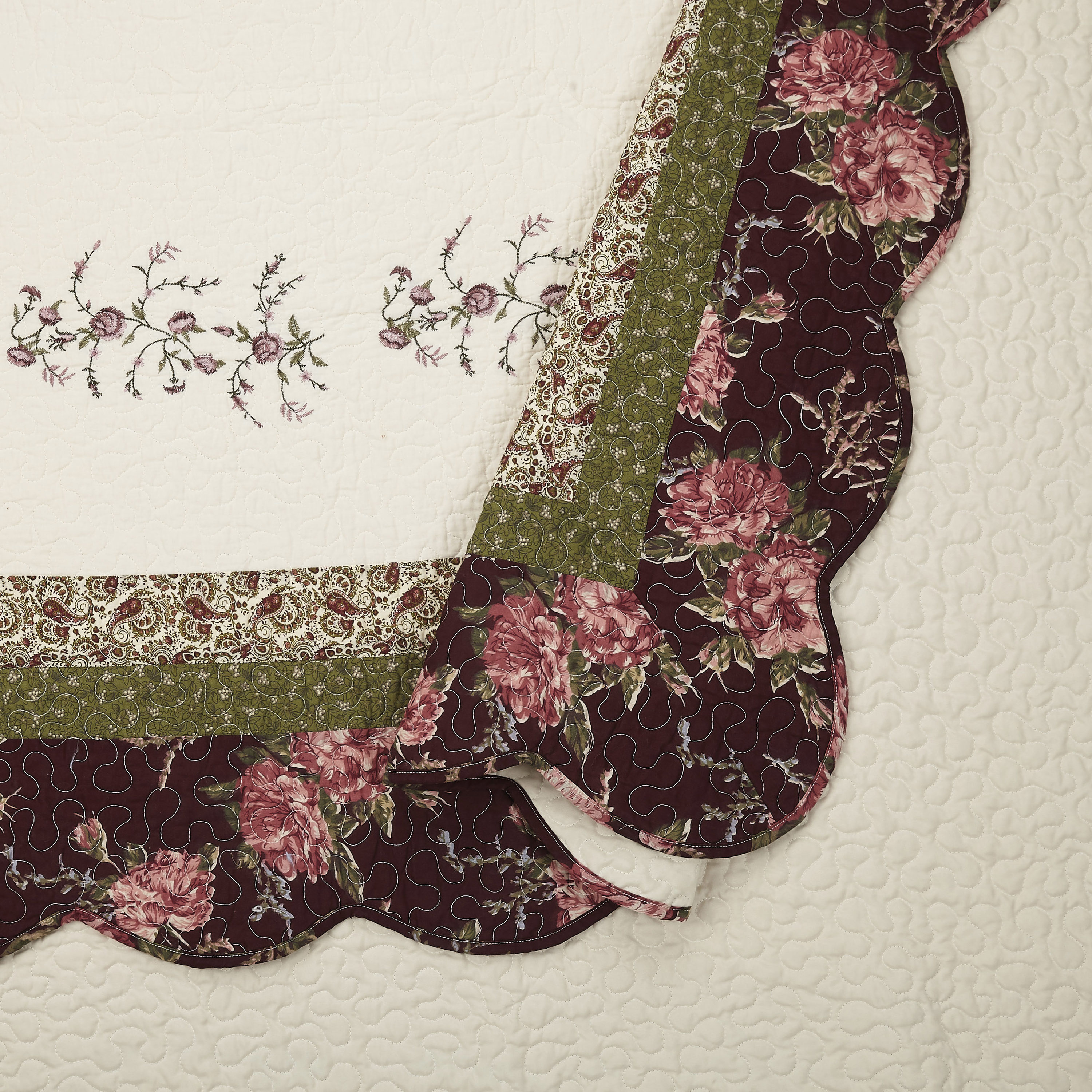Queen White Cotton Reversible Bedspread with Embellished Edges