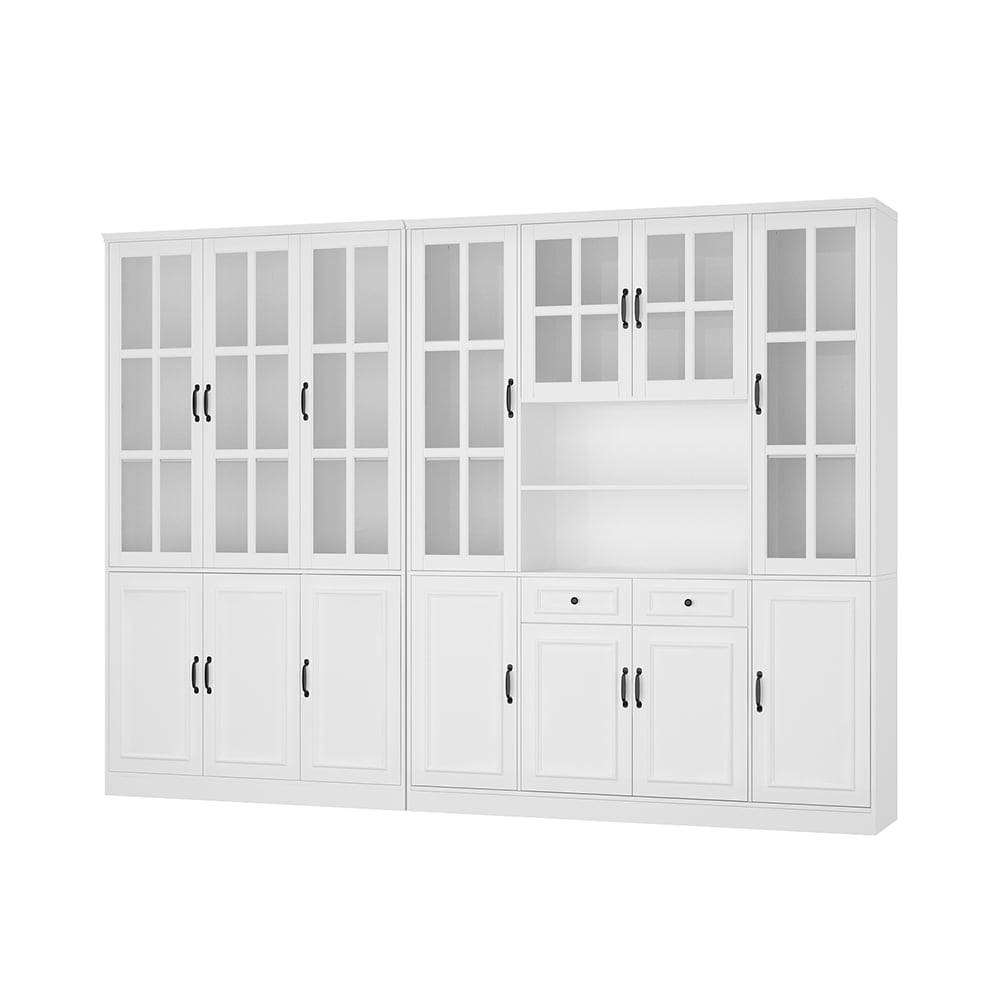 Homsee V-KF020320+321 White Bookcase with 7 Glass Doors and Adjustable Shelves Storage Cabinet with 2 Drawers
