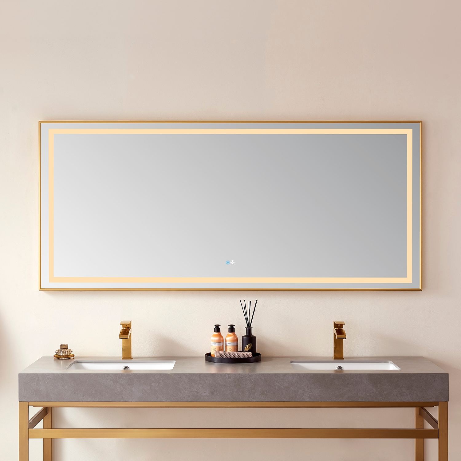 WELLFOR BG LED Bathroom Mirror 32-in x 32-in LED Lighted Gold Round Fog Free Framed Bathroom Vanity Mirror | DH-MC04-2836SF1