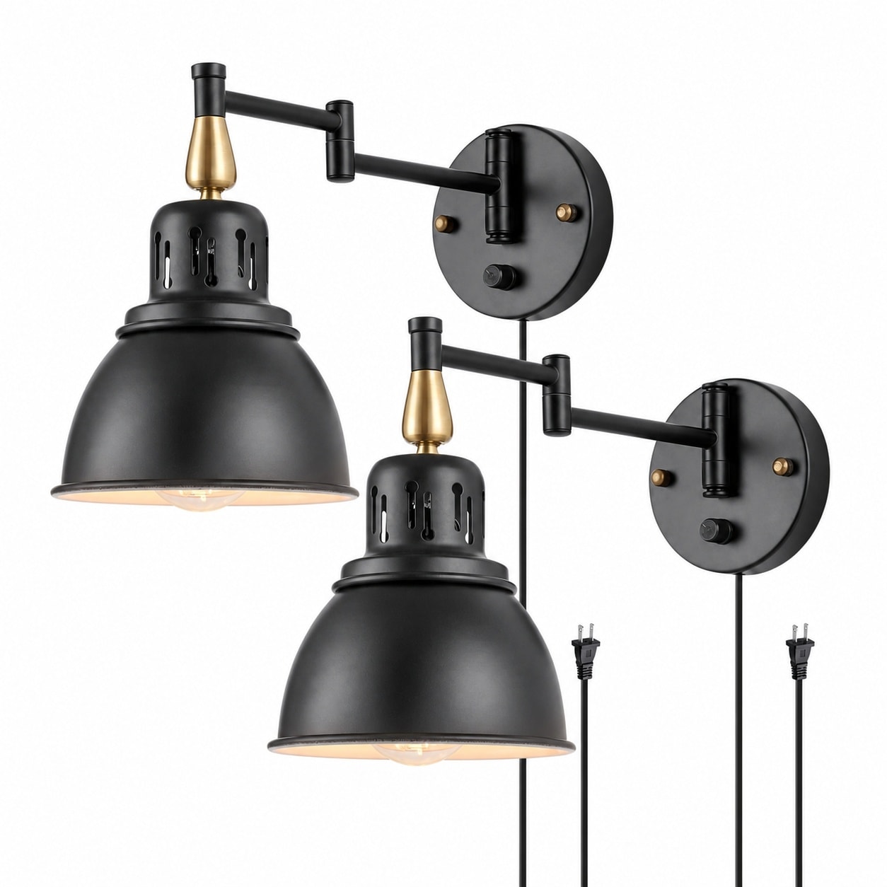 Aoibox  Dimmable Plug In Wall Sconce Set with Swing Arm Dimmer Knob Switch 6 ft Cord E26 Base Brushed Brass 2 Pack