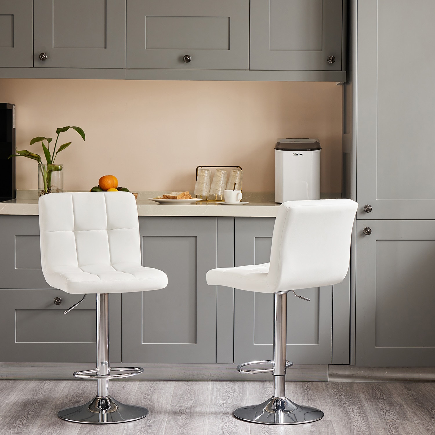 GZMR GZ-W225353 Bar stools 1 set of 2 White 24.2-in H Adjustable Height Counter height Square seat Swivel Metal Bar Stool and Back