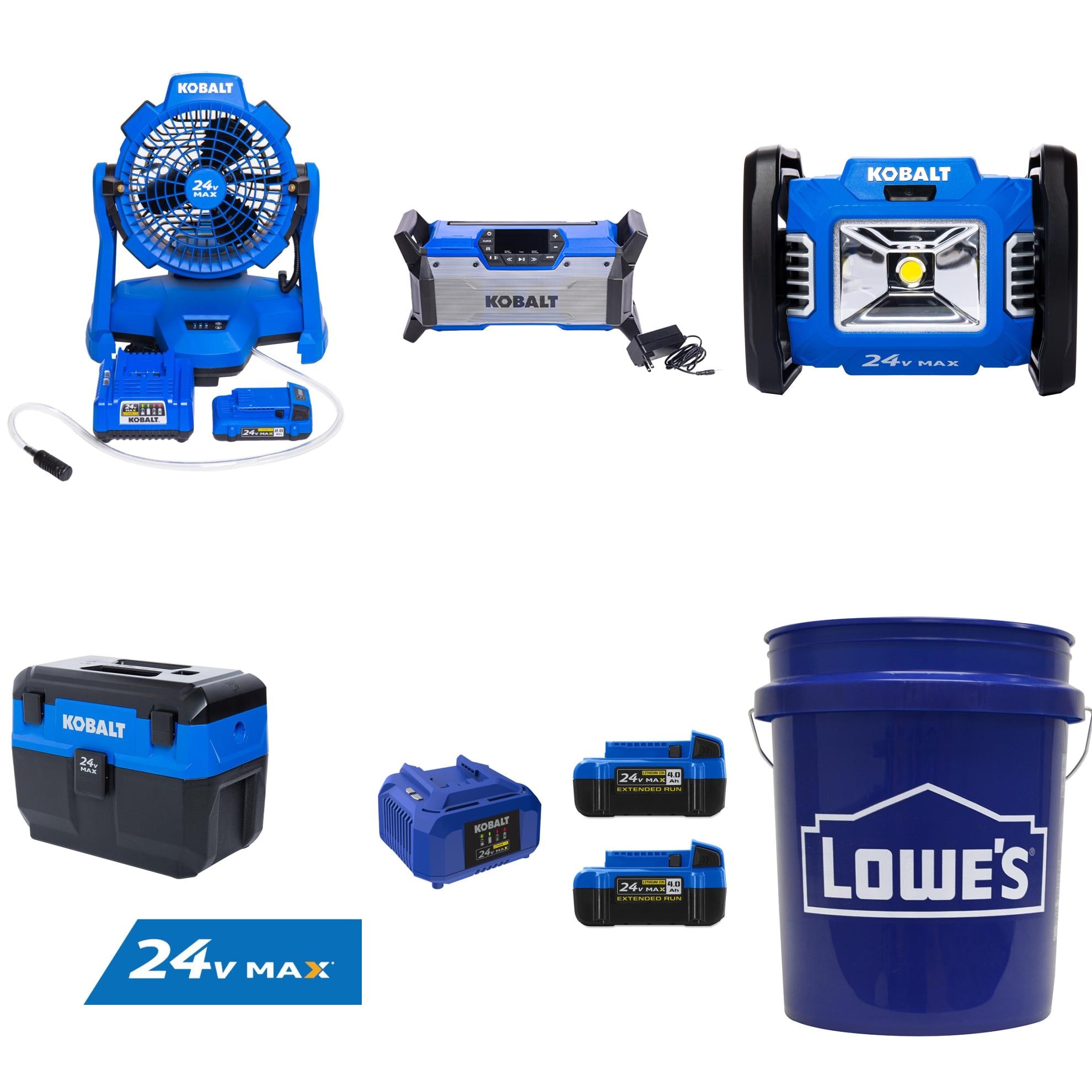 Kobalt Misting Fan, Jobsite Radio, Work Light, Shop Vac, 4Ah Battery Kit, & Lowe's Bucket Backyard Workshop Combo Kit