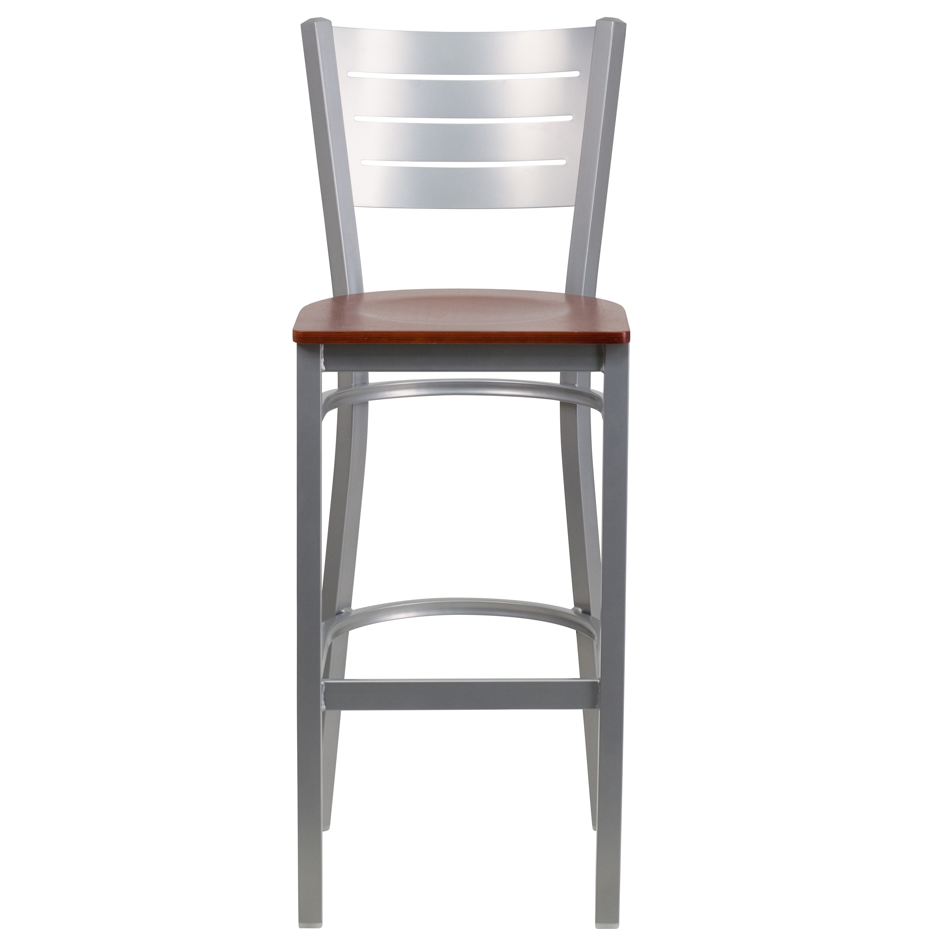 Silver Frame Slat-Back Barstool with Cherry Wood Seat