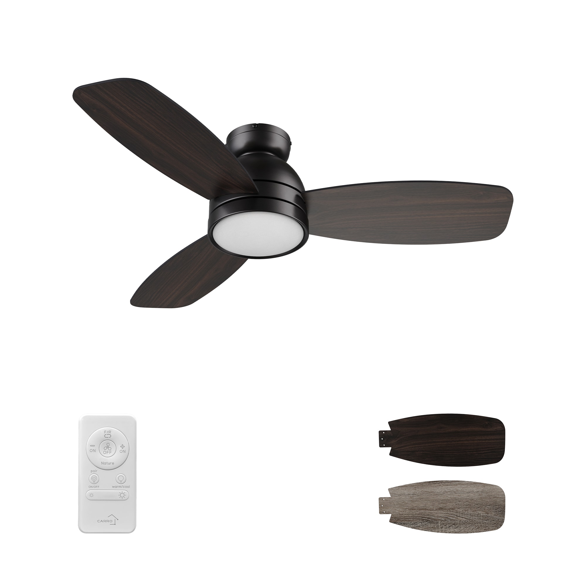 CARRO USA LCFR443Q5-L11-BG-FM Thibault 44-in Integrated LED Flush Mount Black with Wooden/Walnut Blades Ceiling Fan With Light - Remote Included ( 3 -Blade )
