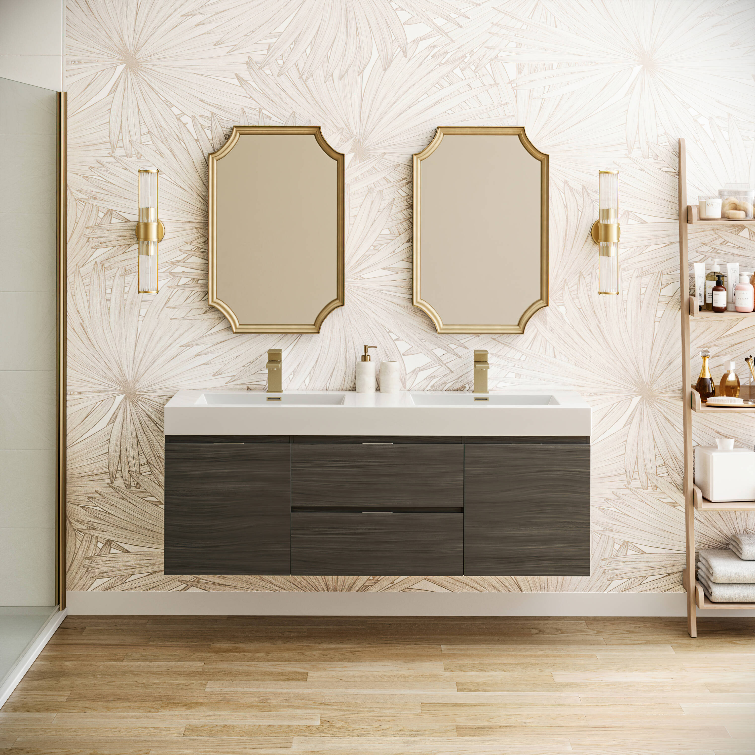 Fresca FCB8360GO-D-I Valencia 60-in Gray Oak Double sink Floating Bathroom Vanity with White Acrylic Top