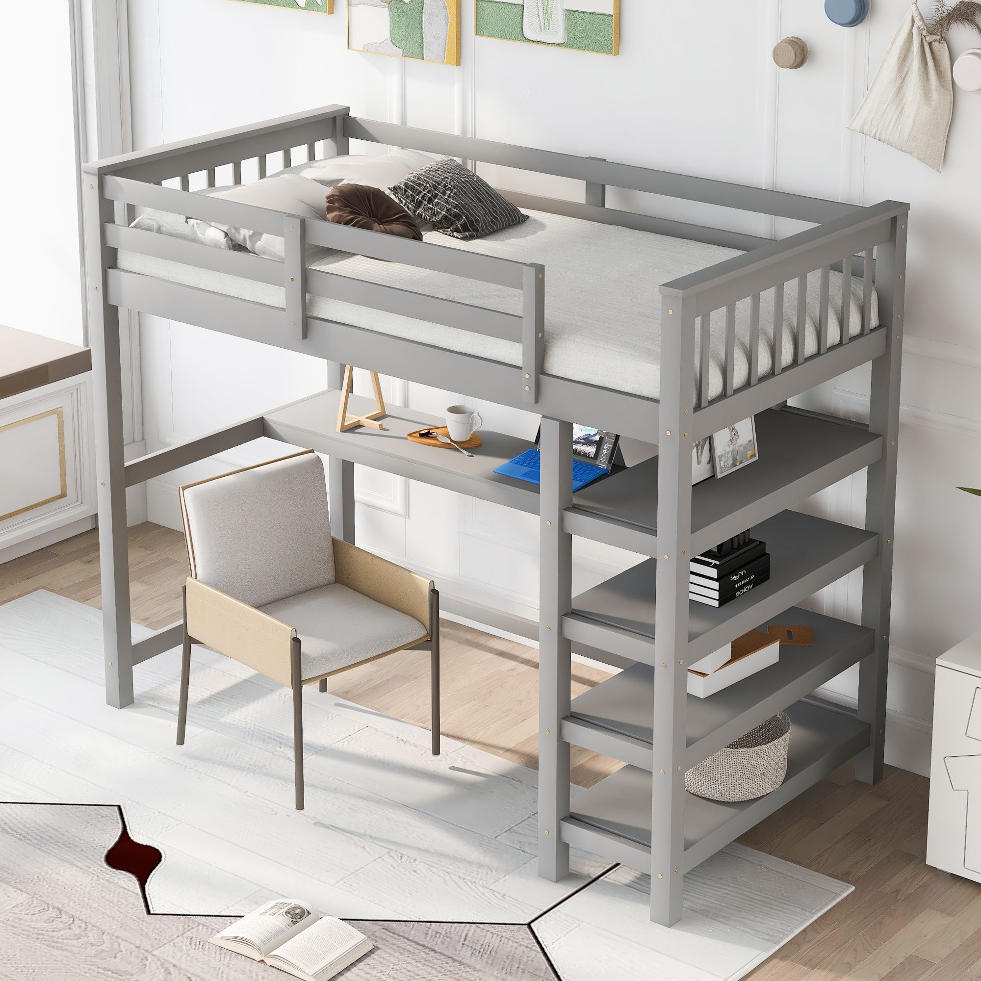 Yiekholo Twin Size Loft Bed with Desk, Grey in the Bunk Beds department ...