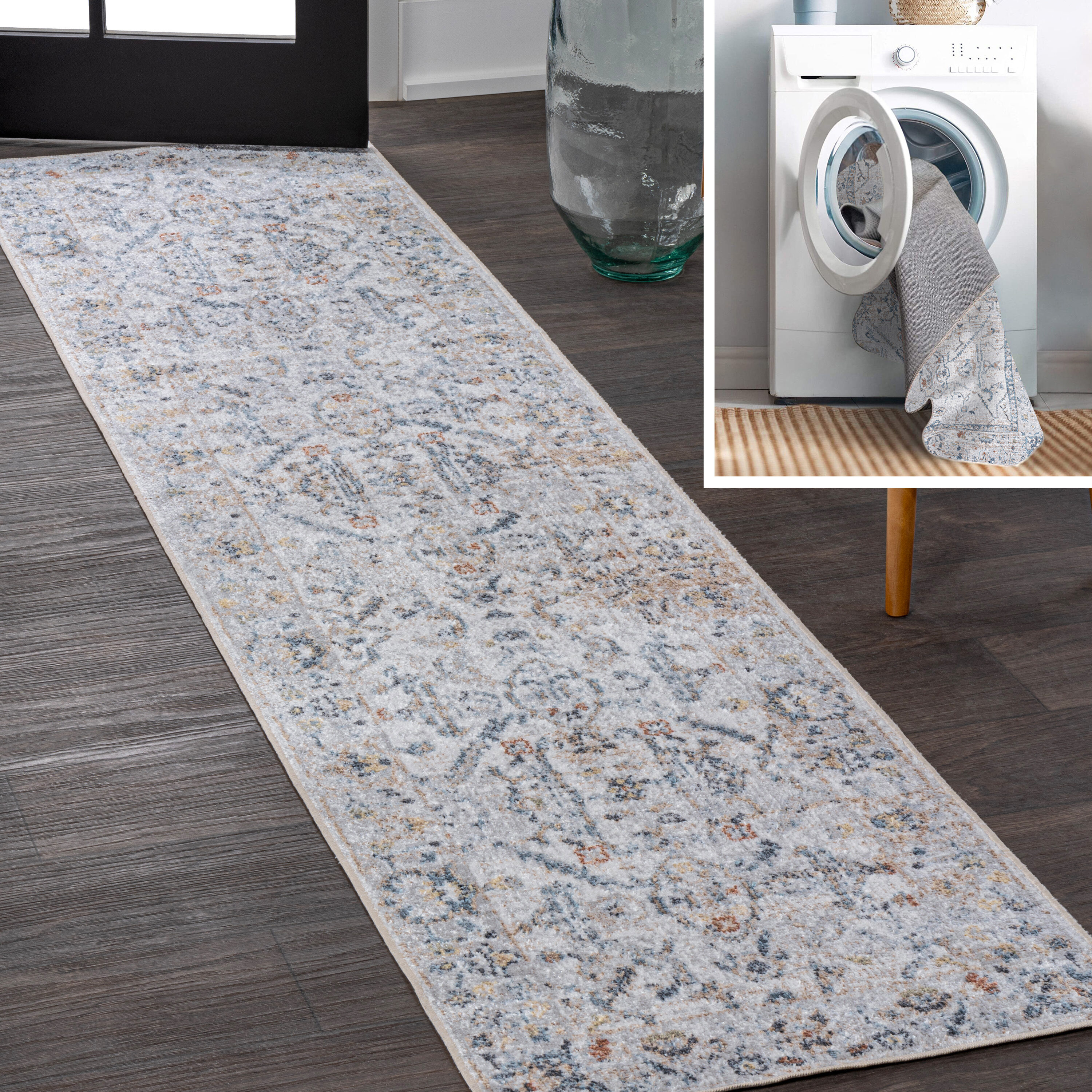 JONATHAN  Y WSH321B-28 WASHABLE Brandy Rustic Border Low-Pile 2 x 8 (ft) Loomed Polyester Light Gray/Blue Rectangular Indoor Border Rustic Machine washable Runner rug