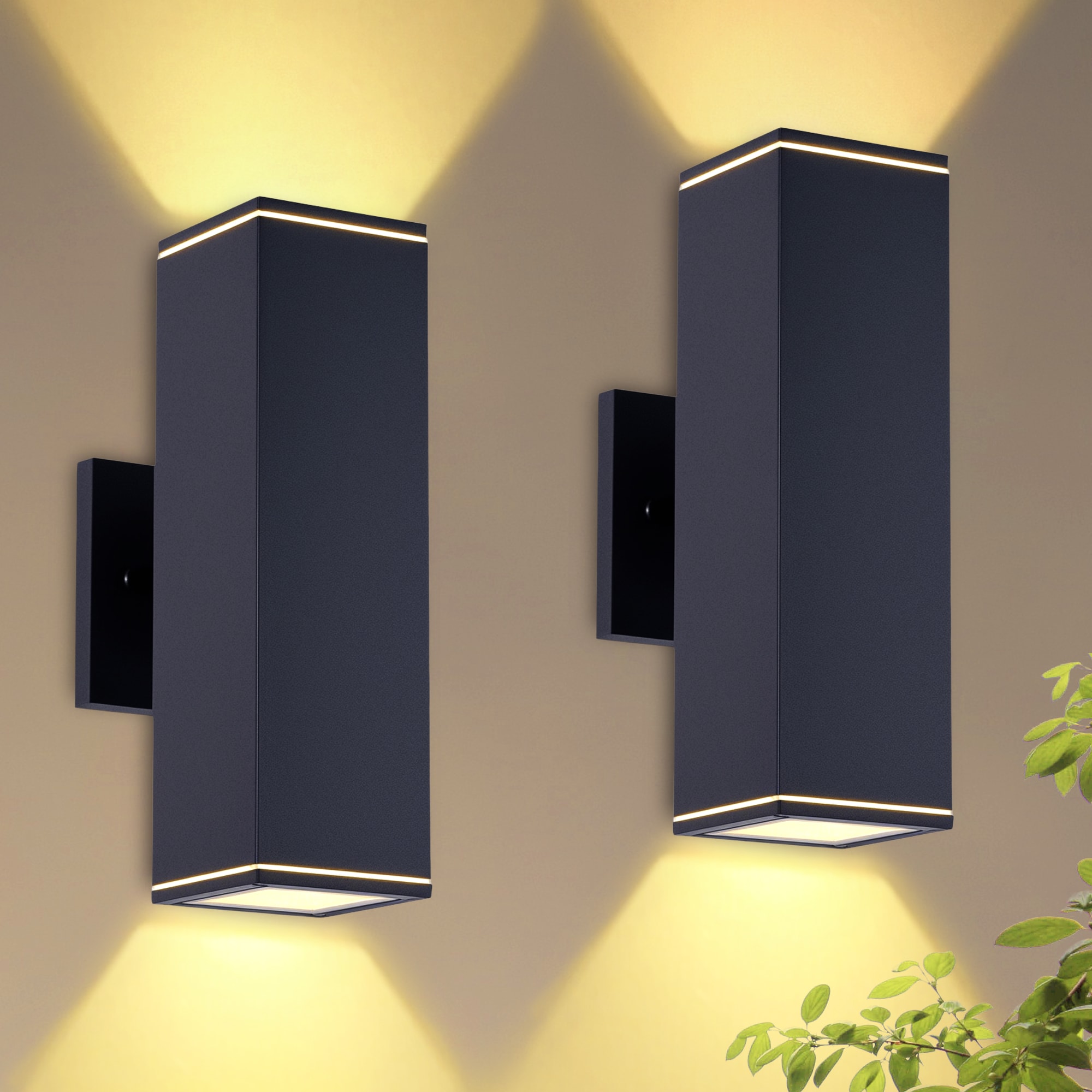 DAKAFUL 2 -Pack 12-in H Exterior Outdoor Wall Light Fixture Waterproof Rectangular Up and Down Outdoor Wall Lantern for Porch Garage Front Door Patio House E26 Base