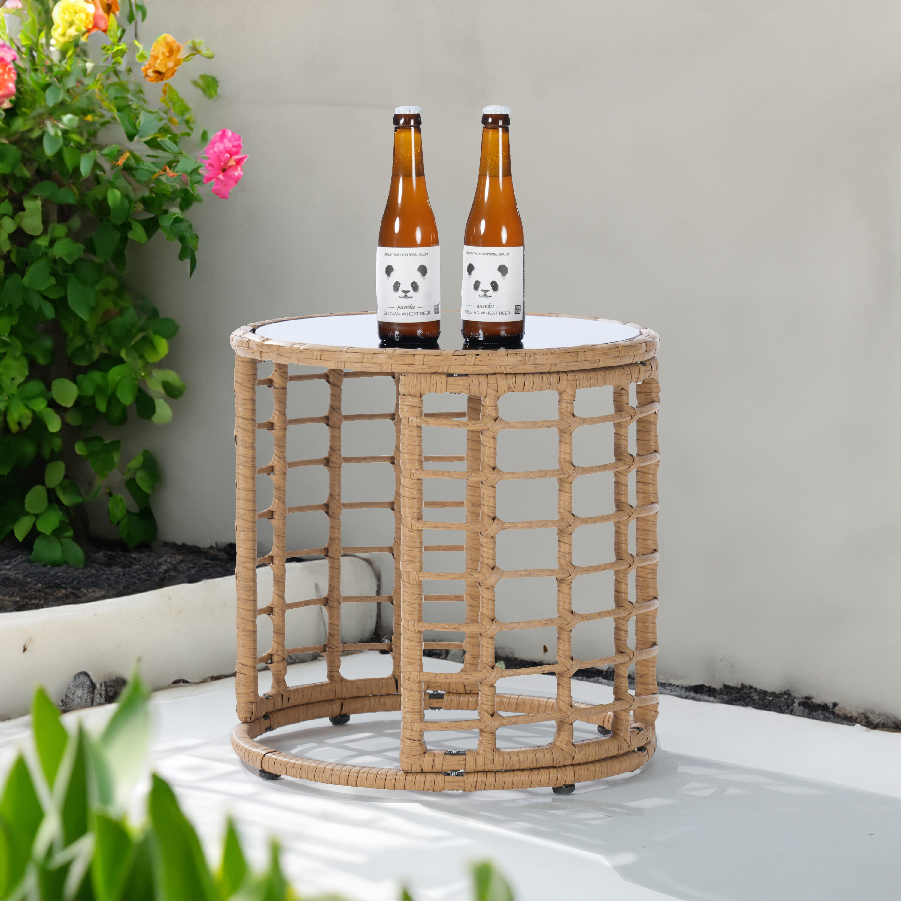 SANSTAR L-JDC-TB-GY Patio Tables Round Wicker Extendable Outdoor End Table 15.8-in W x 15.8-in L