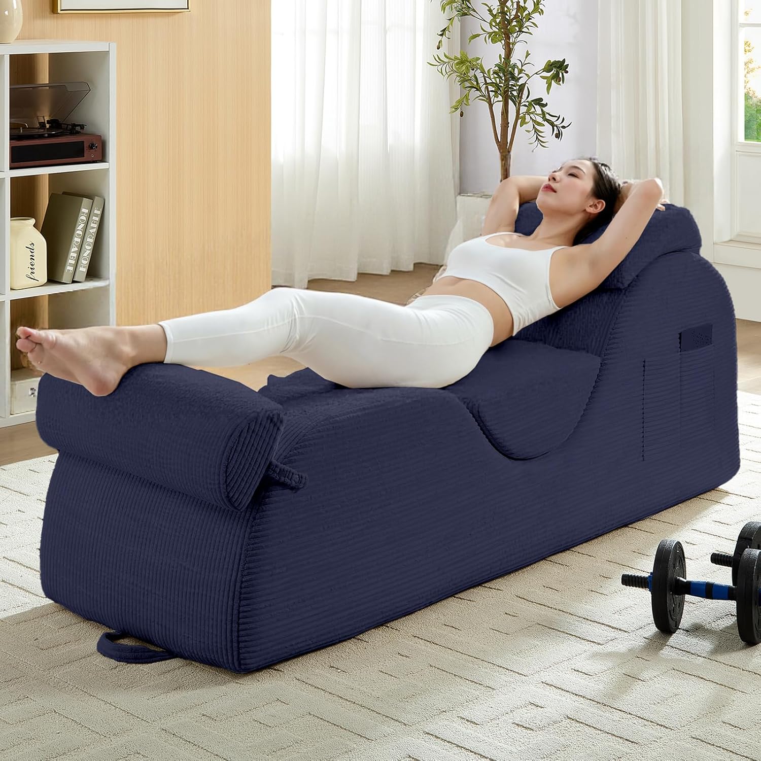 Mjkone - Curved Yoga Chaise Lounge Chair Blue Corduroy With Side Pockets Headrest Waist Cushion A...