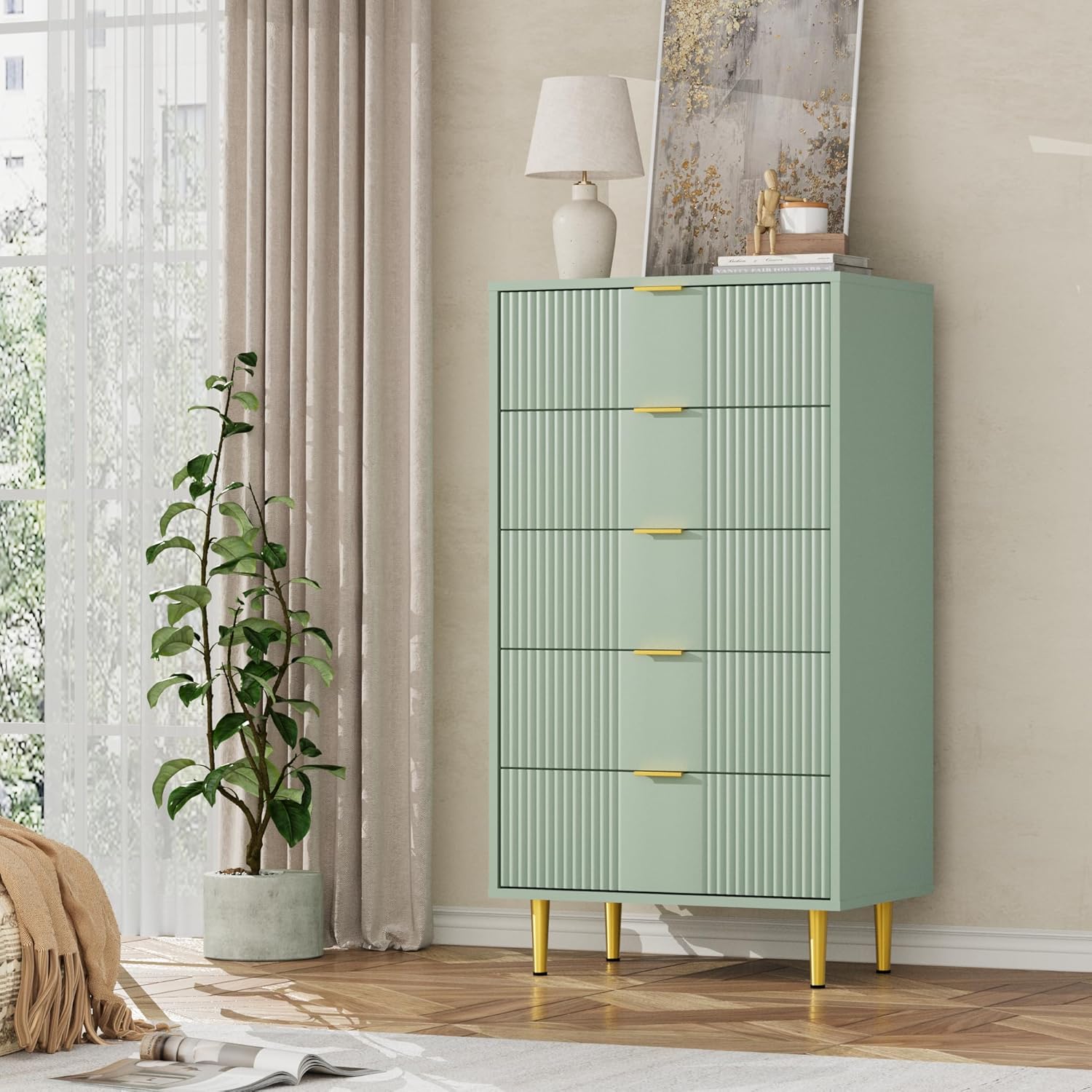 Garvee Fluted Dresser for Bedroom with 5 Drawers 44.3 Inch Tall Modern ...