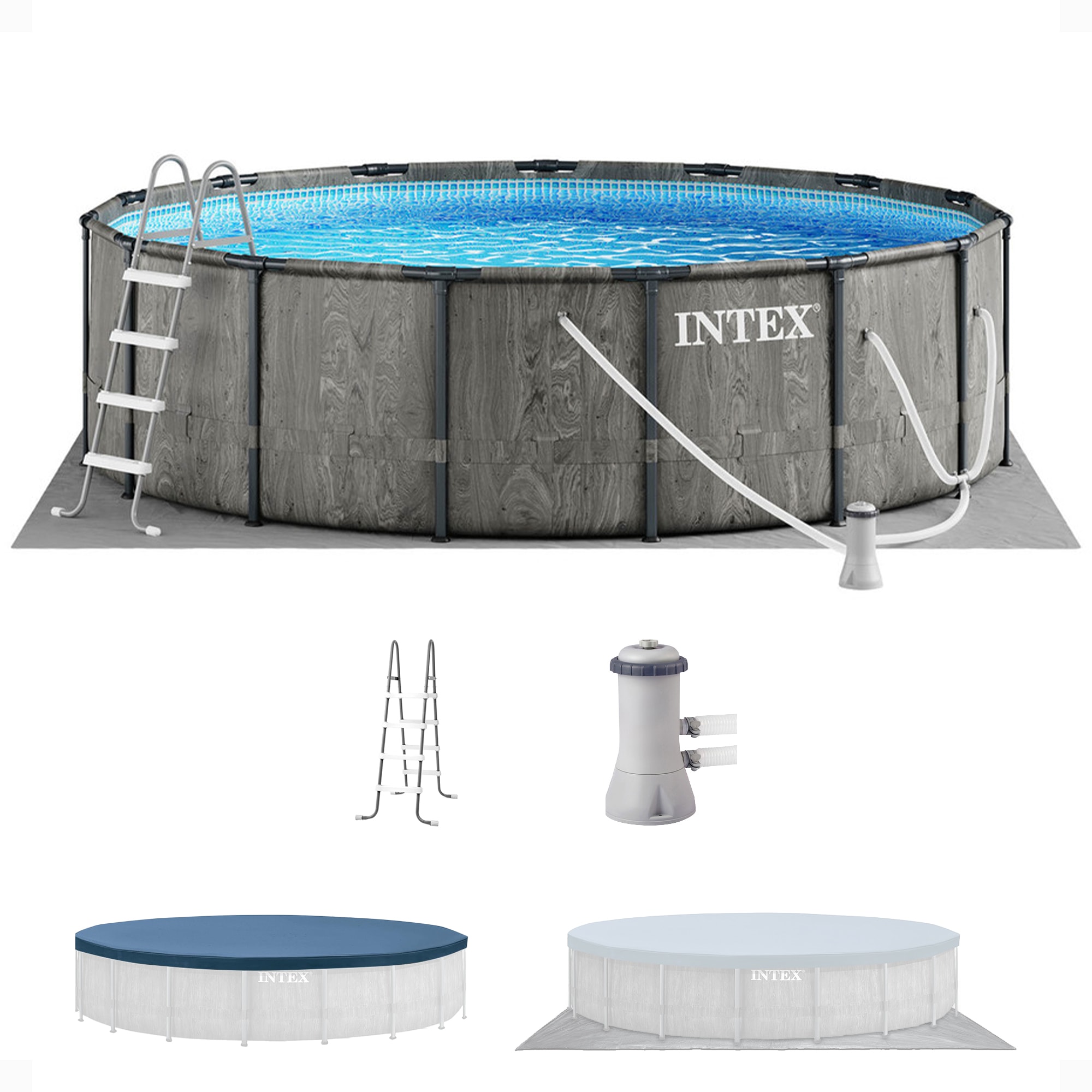 Intex 160758 15-ft x 15-ft x 48-in Metal frame Round Above-Ground Pool with Filter Pump with Ground Cloth with Pool Cover with Ladder