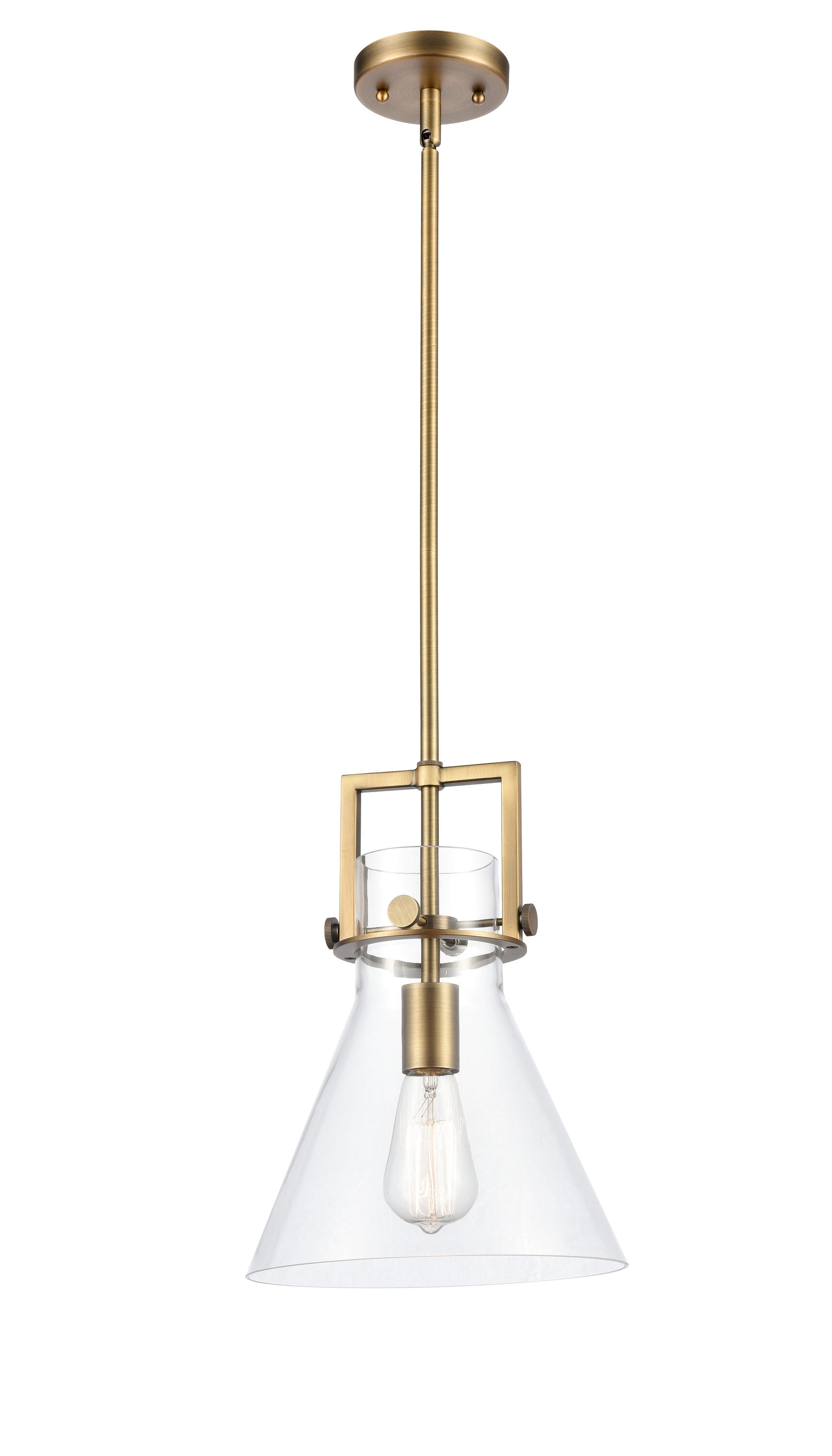 Innovations Lighting 411-1S-BB-10CL Newton Cone Brushed Brass Industrial Clear glass Cone Medium Hanging Pendant light
