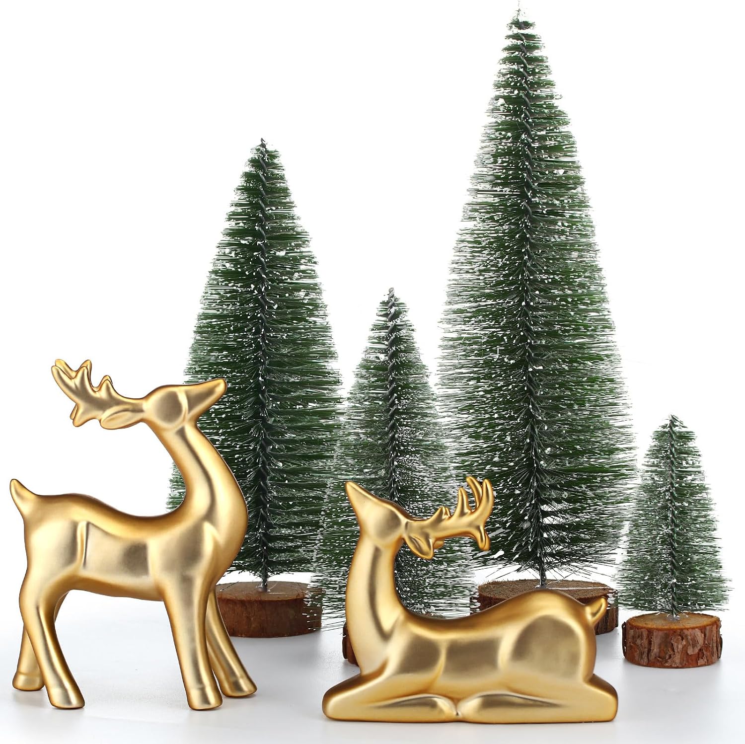 ZHANYIGY - 2 Pcs Ceramic Christmas Reindeer Figurines 4 Pcs Mini Christmas Pine Tree Reindeer Dec...