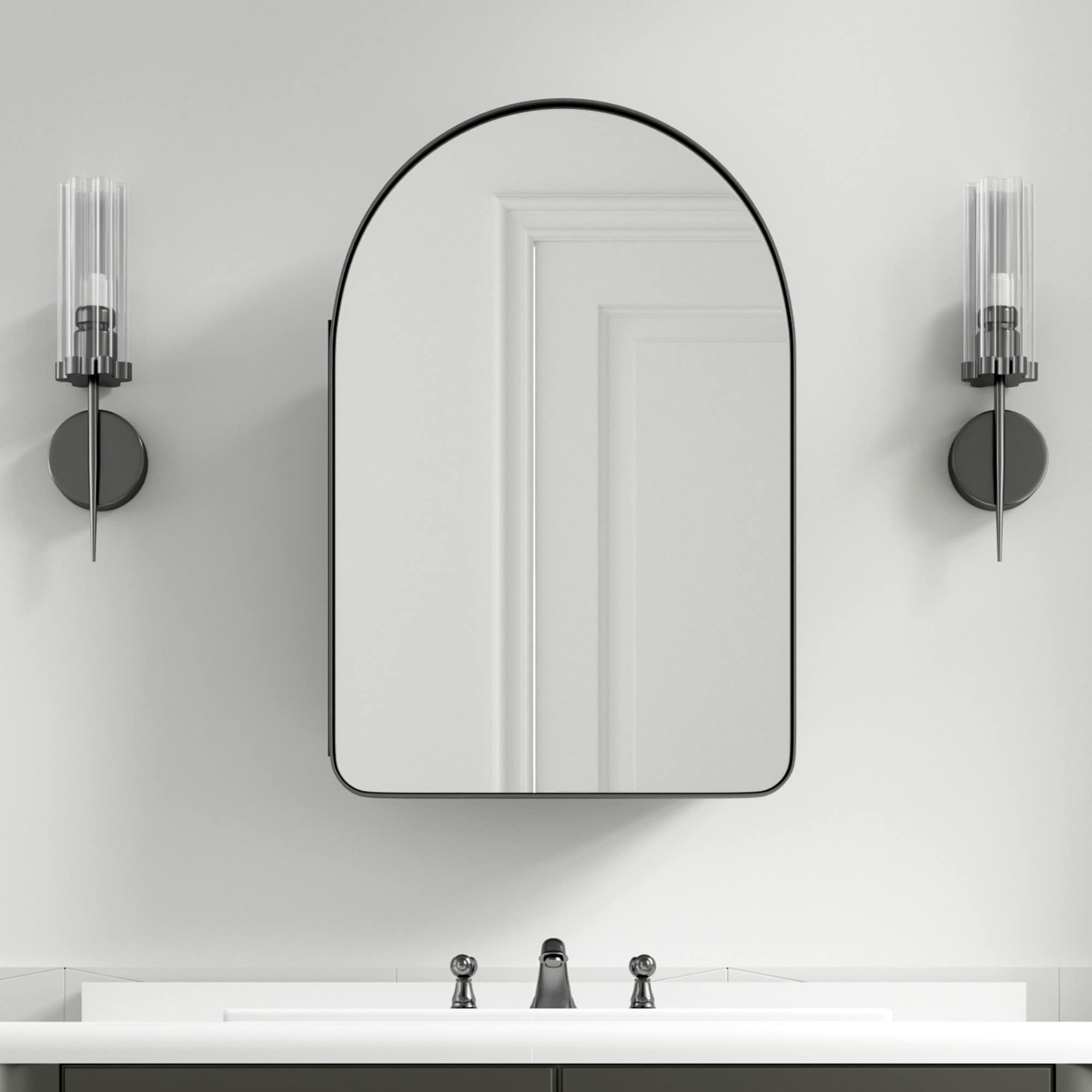 PexFix 16-in W x 24-in H Surface / Recessed Mount Black Arched Medicine Cabinet with Mirror