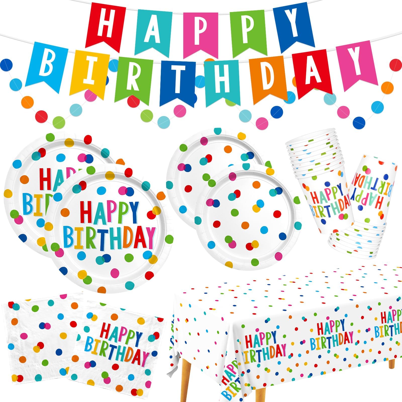 Afoxsos 104 Piece Birthday Party Set with Colorful Dots Includes 25 Plates 25 Napkins 25 Cups Banner Tablecloth and Garland