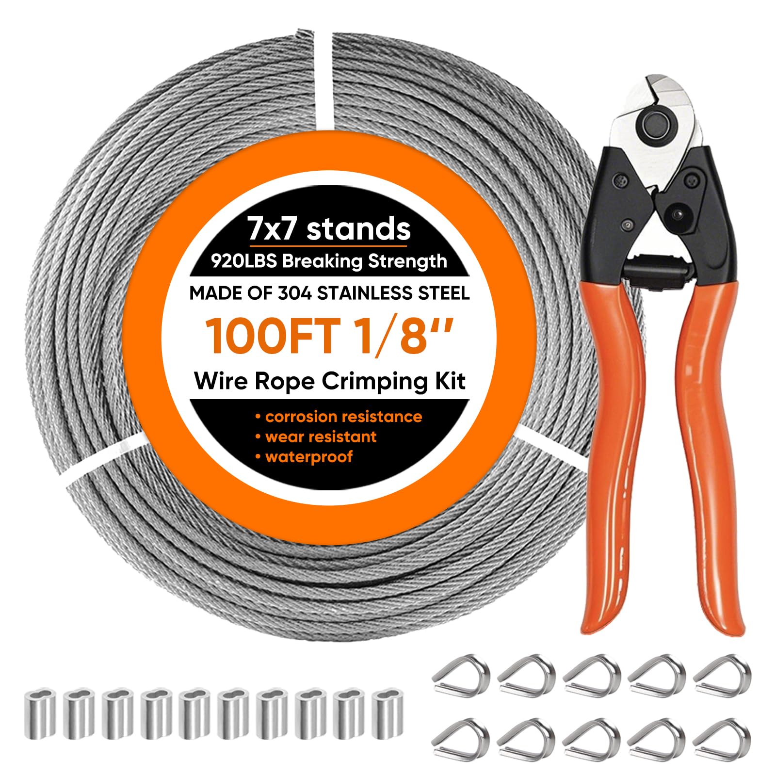 Justincity  100FT One Eighth Inch Stainless Steel Cable with Cutter and Accessories for Deck Railing Porch Fence and Outdoor Use