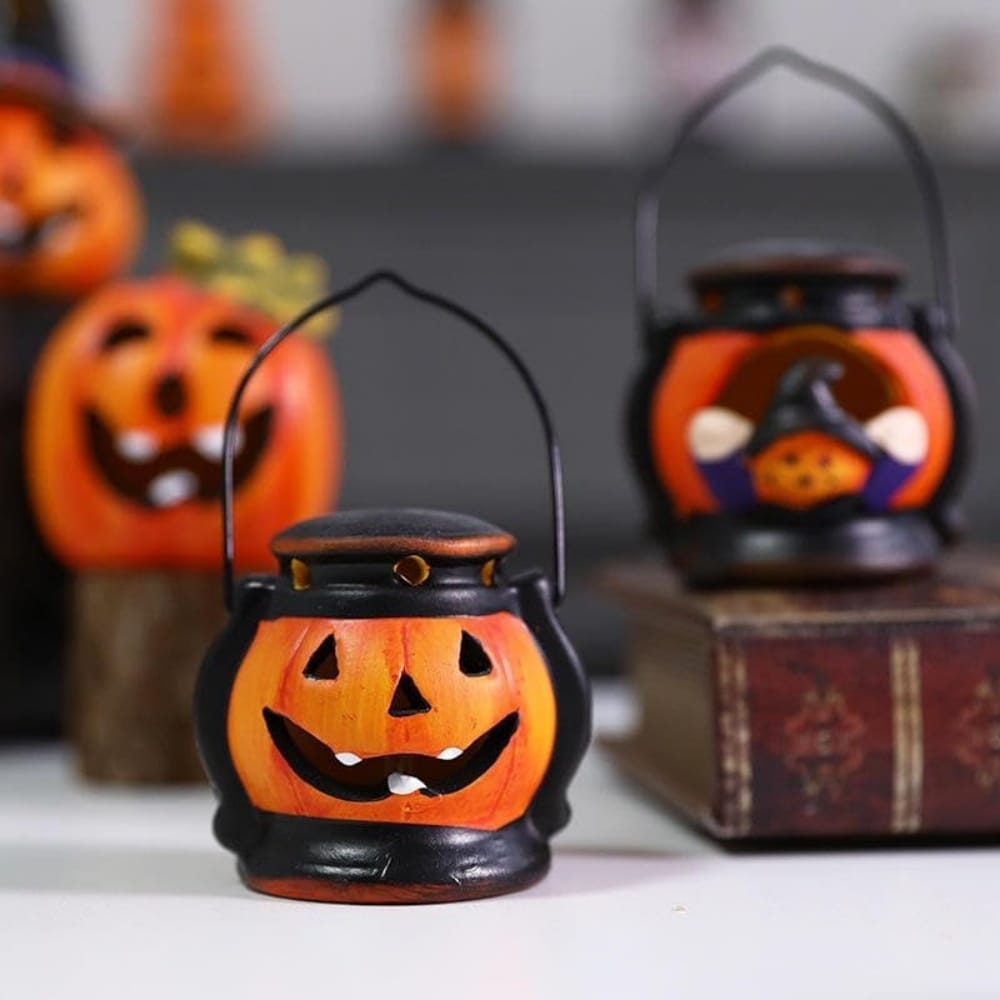 ROSMENA Set of 4 Light Up Ceramic Pumpkin Skull Figurines for Halloween Table Decor