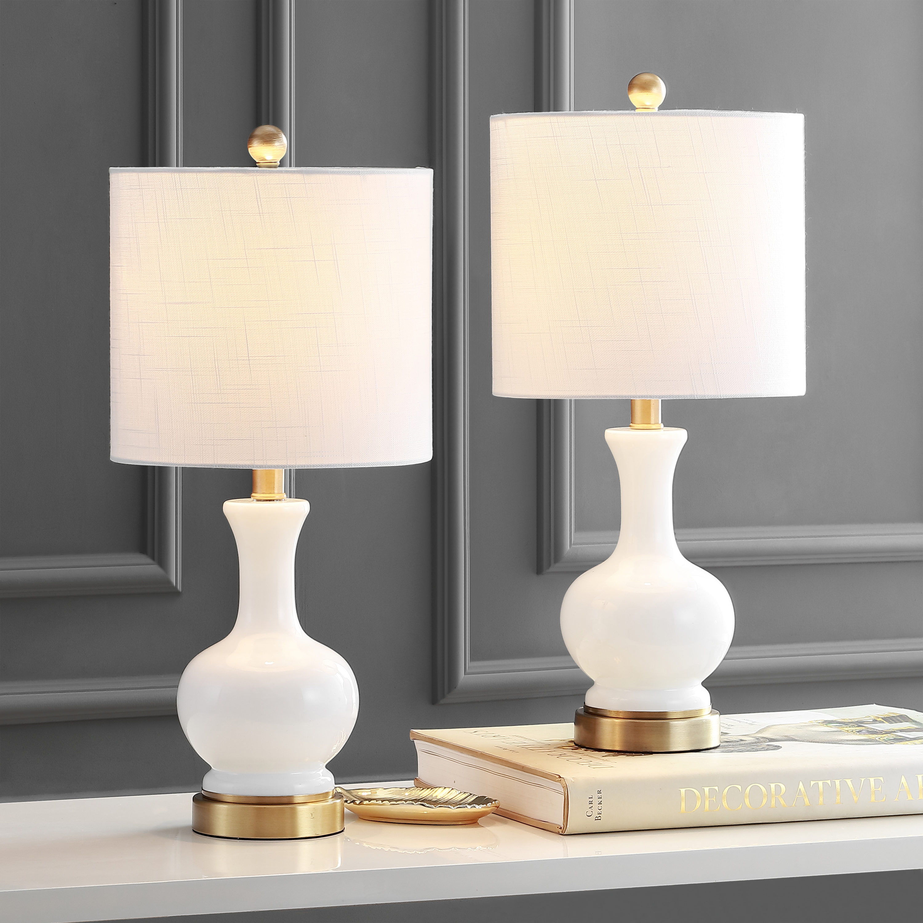JONATHAN  Y JYL4033A-SET2 Cox Glass/Metal Transitional 22-in White/Brass Gold LED Incandescent Rotary socket Table Lamp with Linen Shade 2 -Set