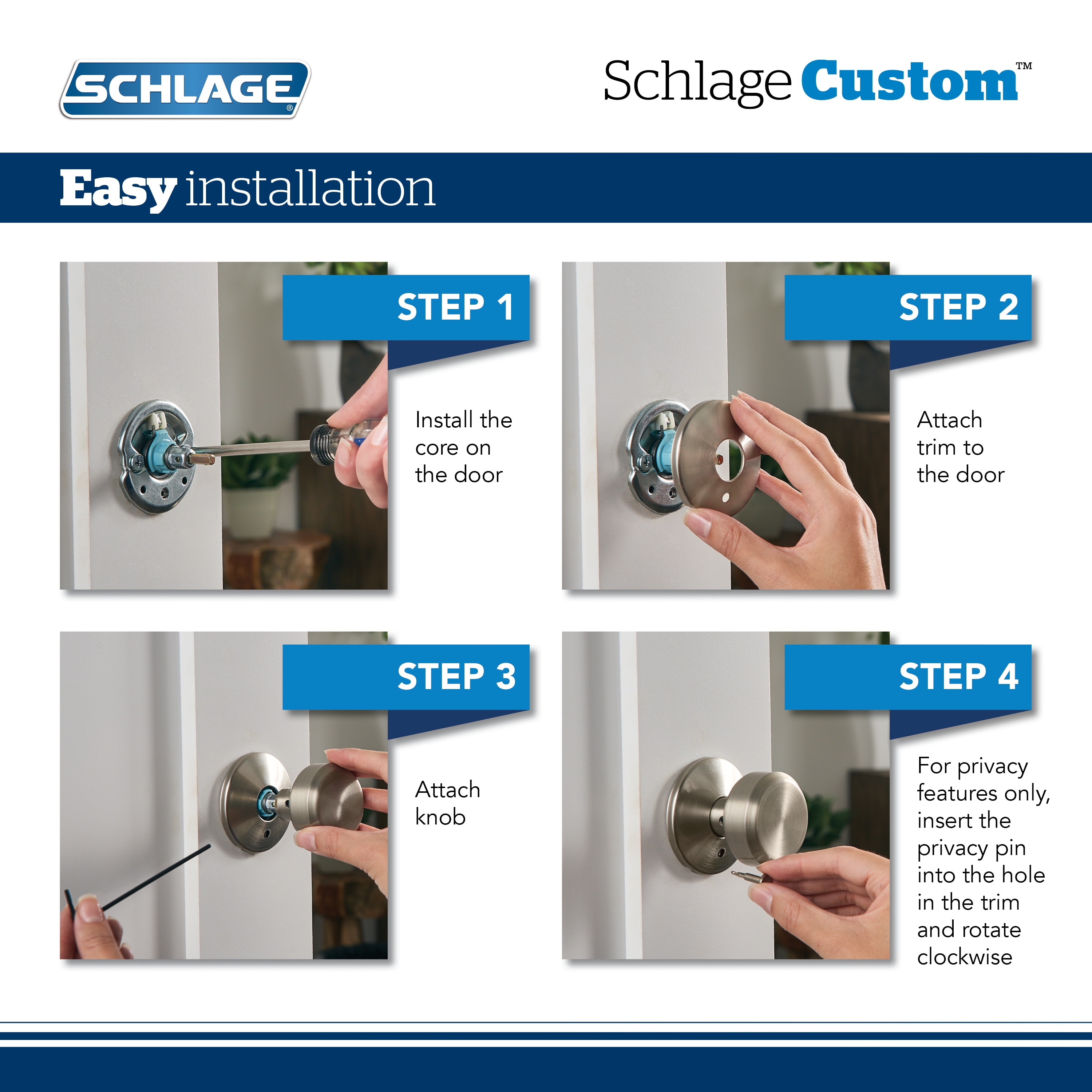 Schlage F40BWE608-4PACK Satin Brass Bowery Privacy Door Knob Set - Pack of  4 