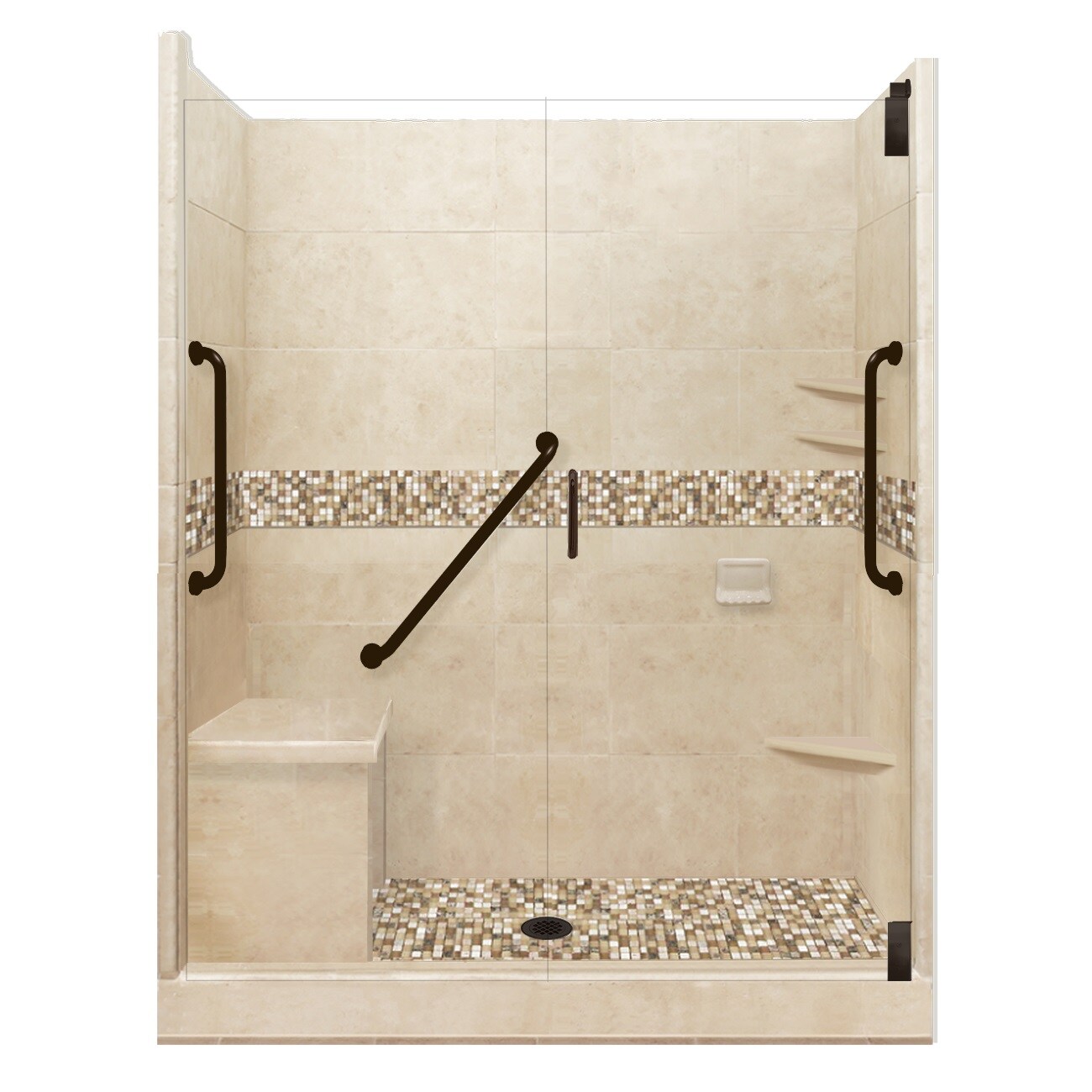 Laurel Mountain Whitwell ADA Roll-In Zero Threshold- Barrier Free White 33-in  x 62-in x 78-in One-piece Shower Kit (Center Drain) with Folding Seat, Base,  Wall and Drain Included in the Shower Stalls