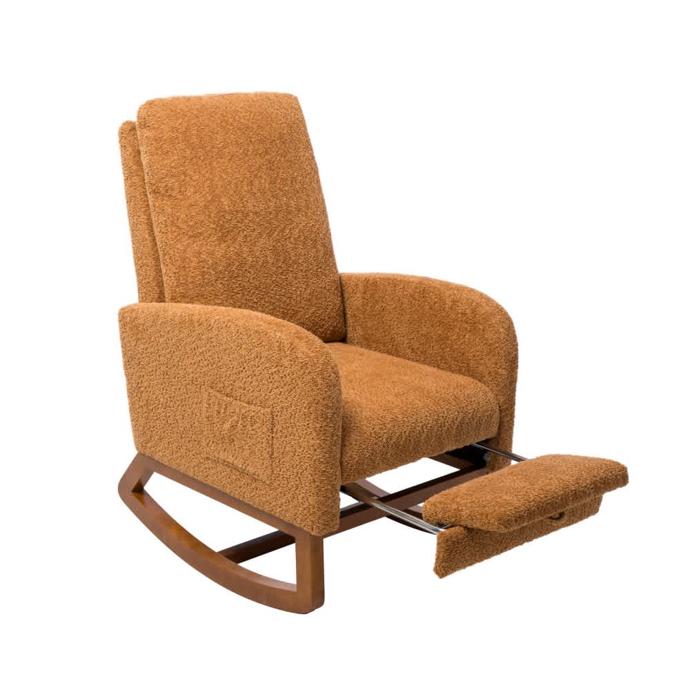 Coolbibila Caramel Boucle High Back Rocking Chair with Retractable ...