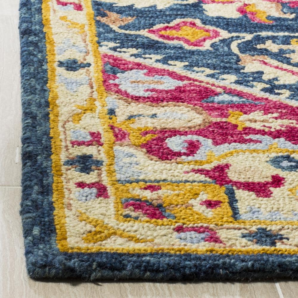 Navy and Fuchsia Square Wool Floral Area Rug