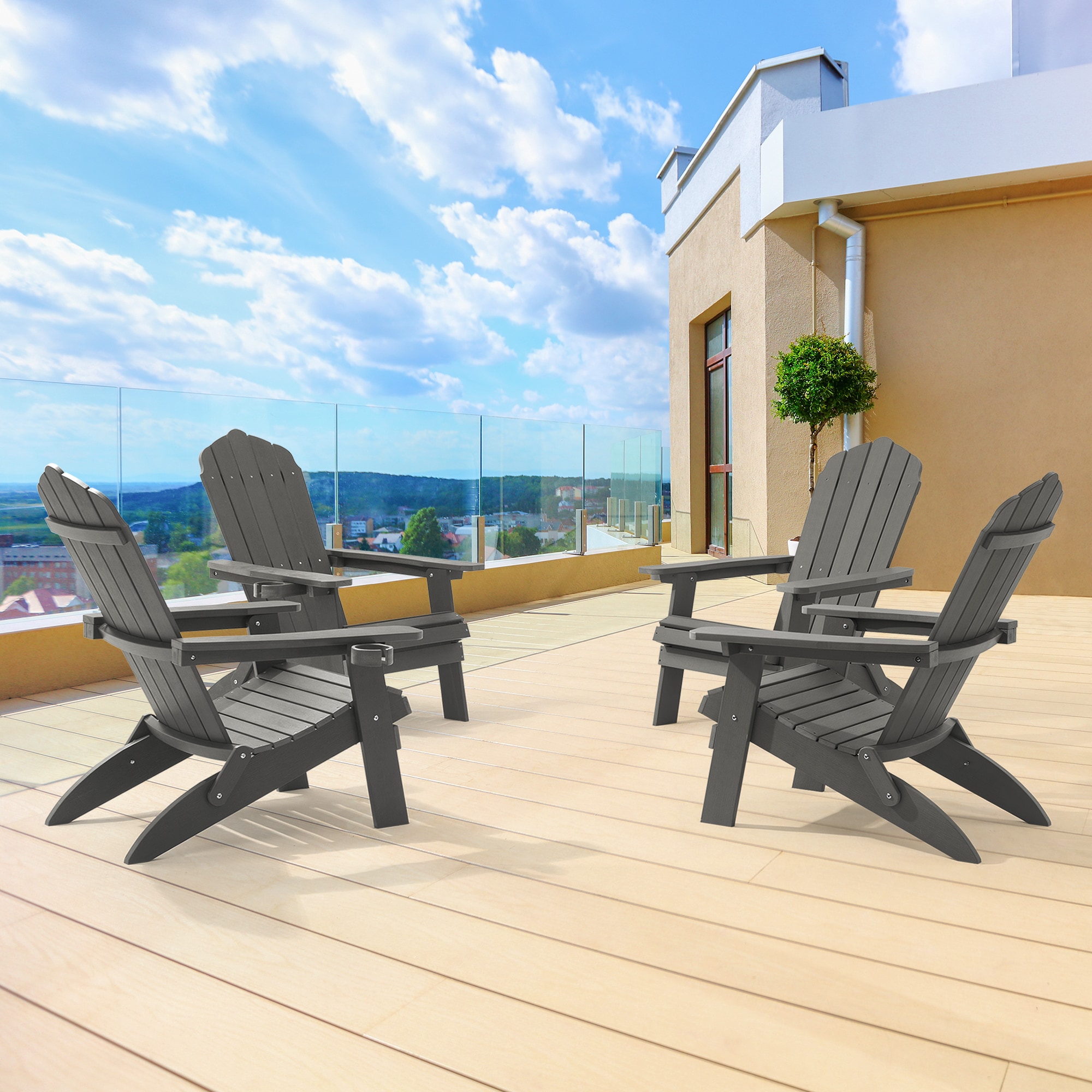 Sonkuki SD-AD503-GY-4 Patio Chair Set of 4 Charcoal Gray Plastic Frame Stationary Adirondack Chair with Solid Seat