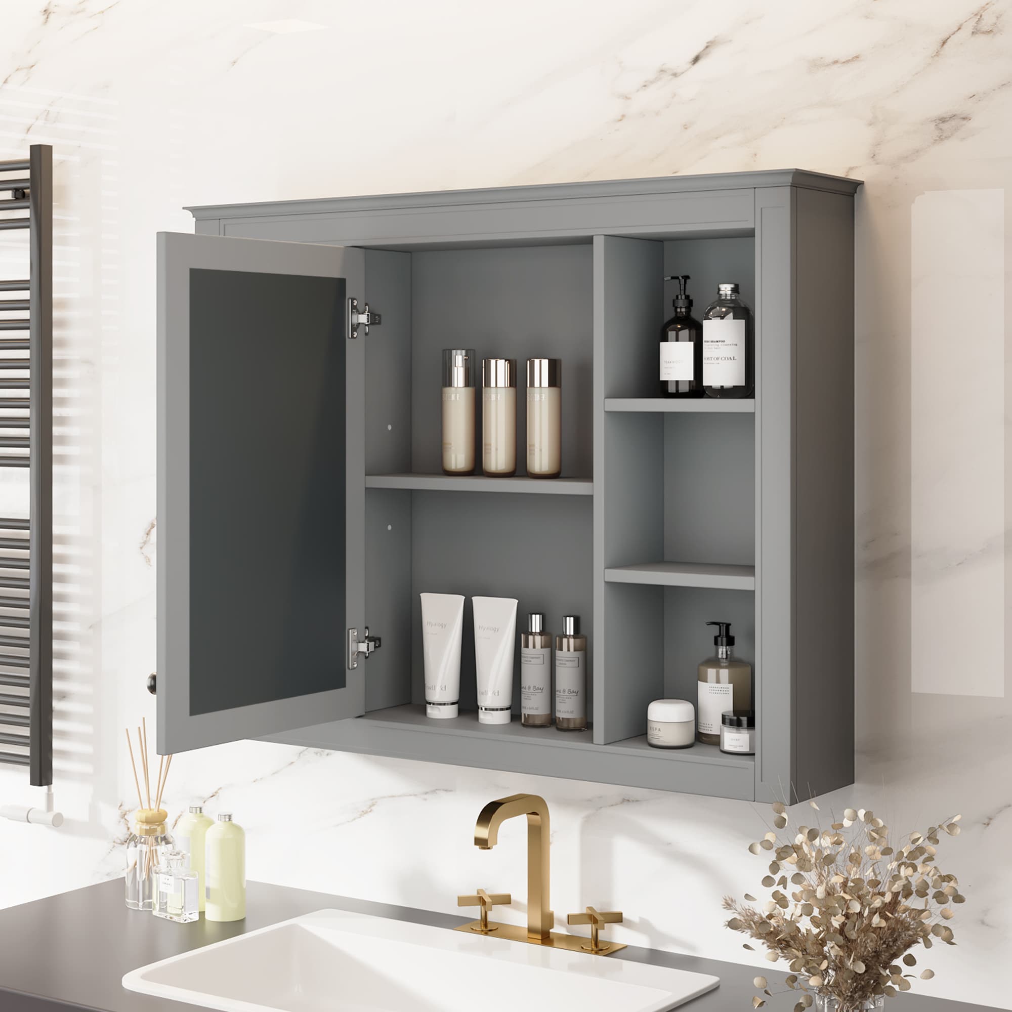 Forclover CM-WF322917AAE CM Storage Medicine Cabinet 35-in x 27.5 Surface Mount Gy Mirrored Rectangle Medicine Cabinet