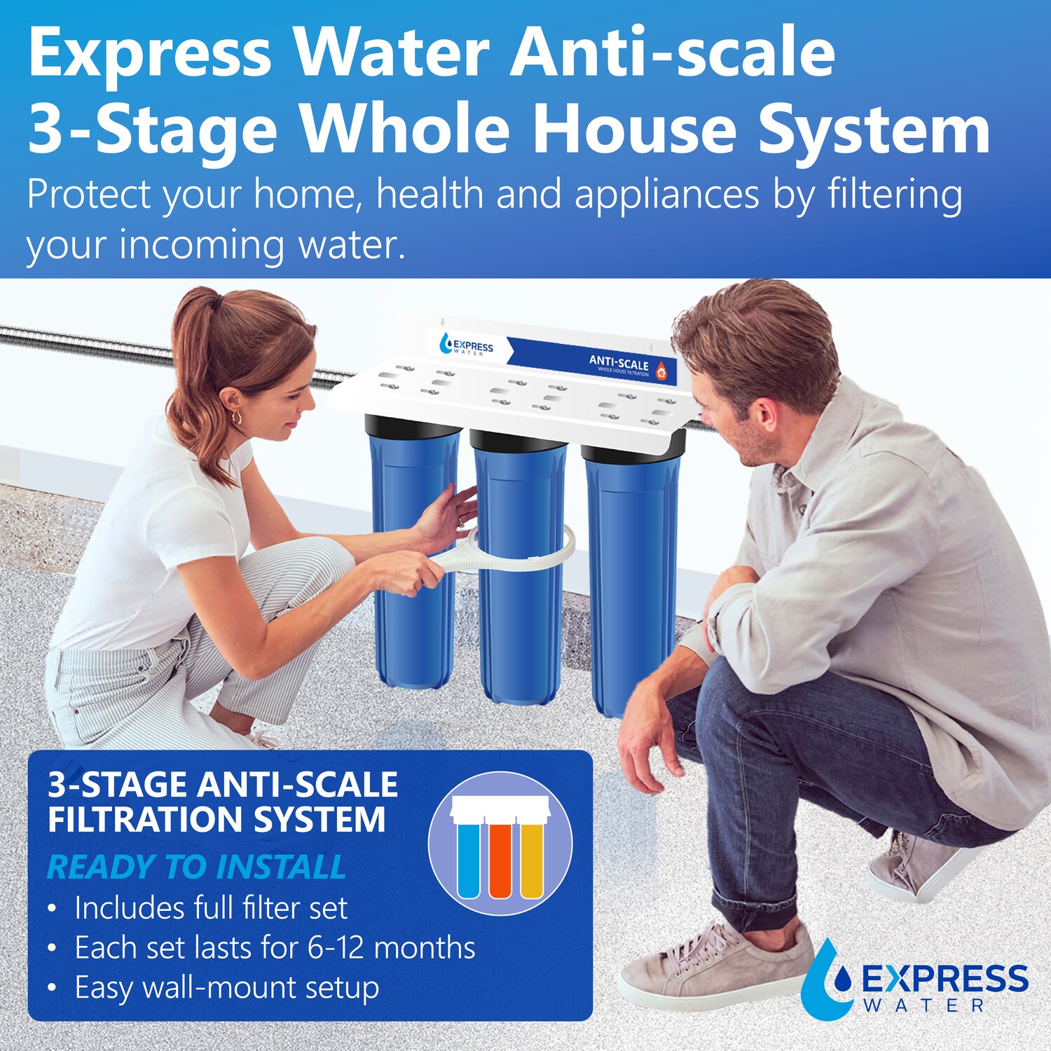 Triple-Stage Blue Whole House Water Filtration System