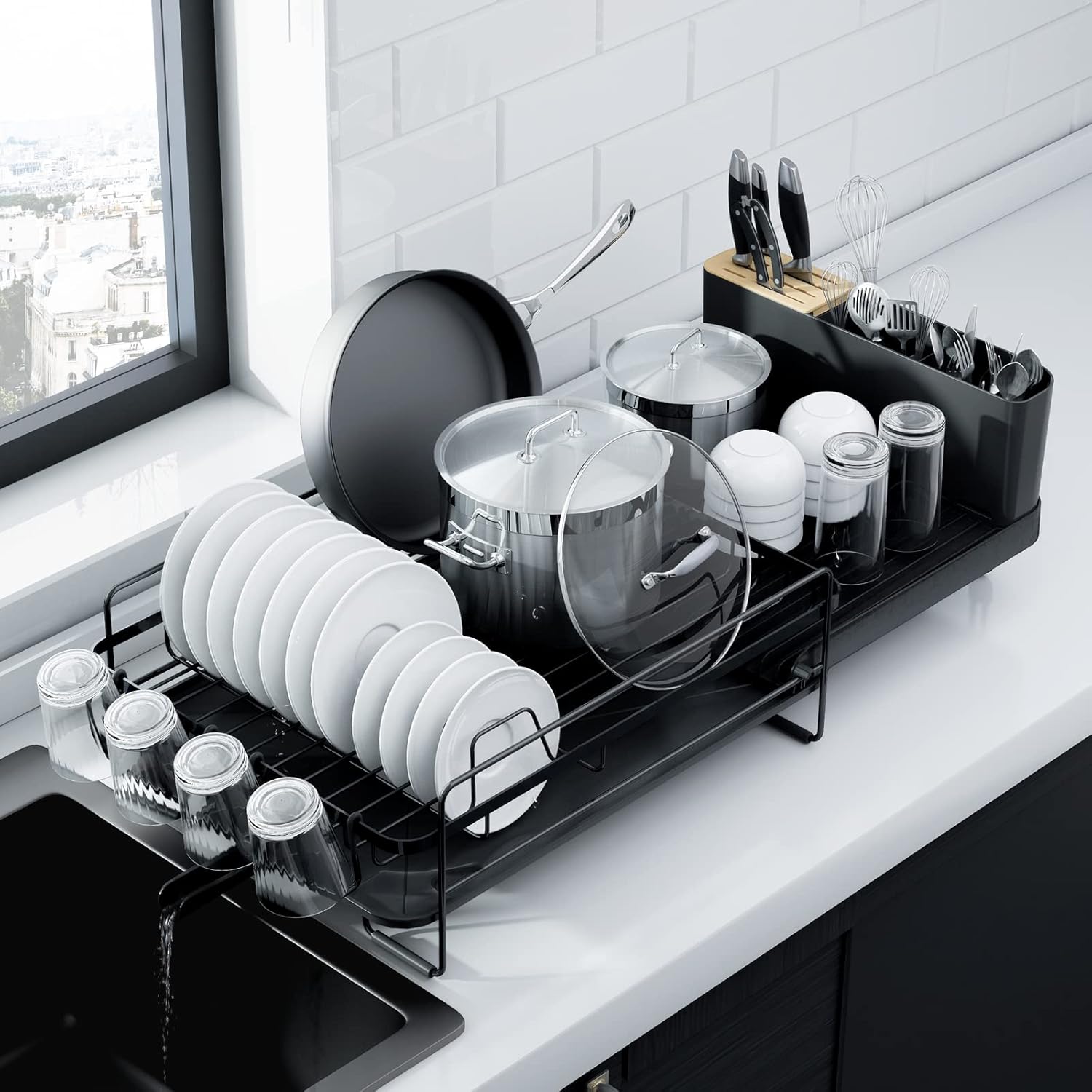 Kitsure 19.2-26.7-in L x 12.9-in W Extendable Black Rust Resistant Dish Rack with Cutlery and Cup Holders