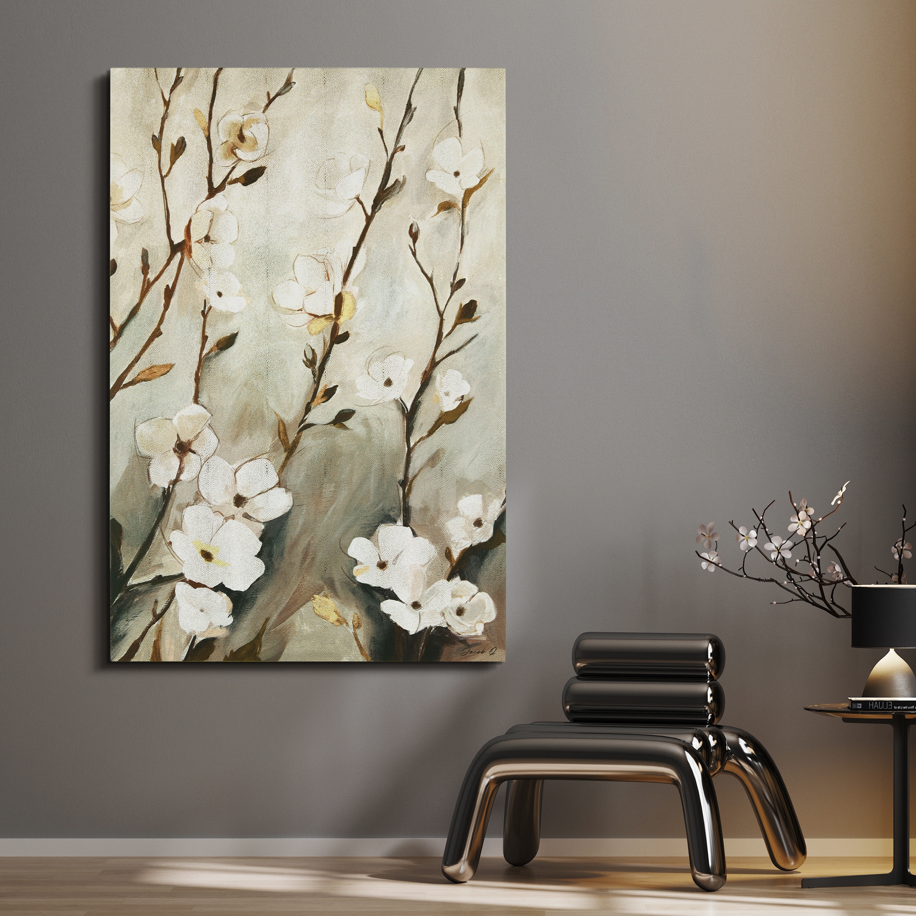 Blossoming Tranquility Gold Shagreen Floral Canvas Wall Art
