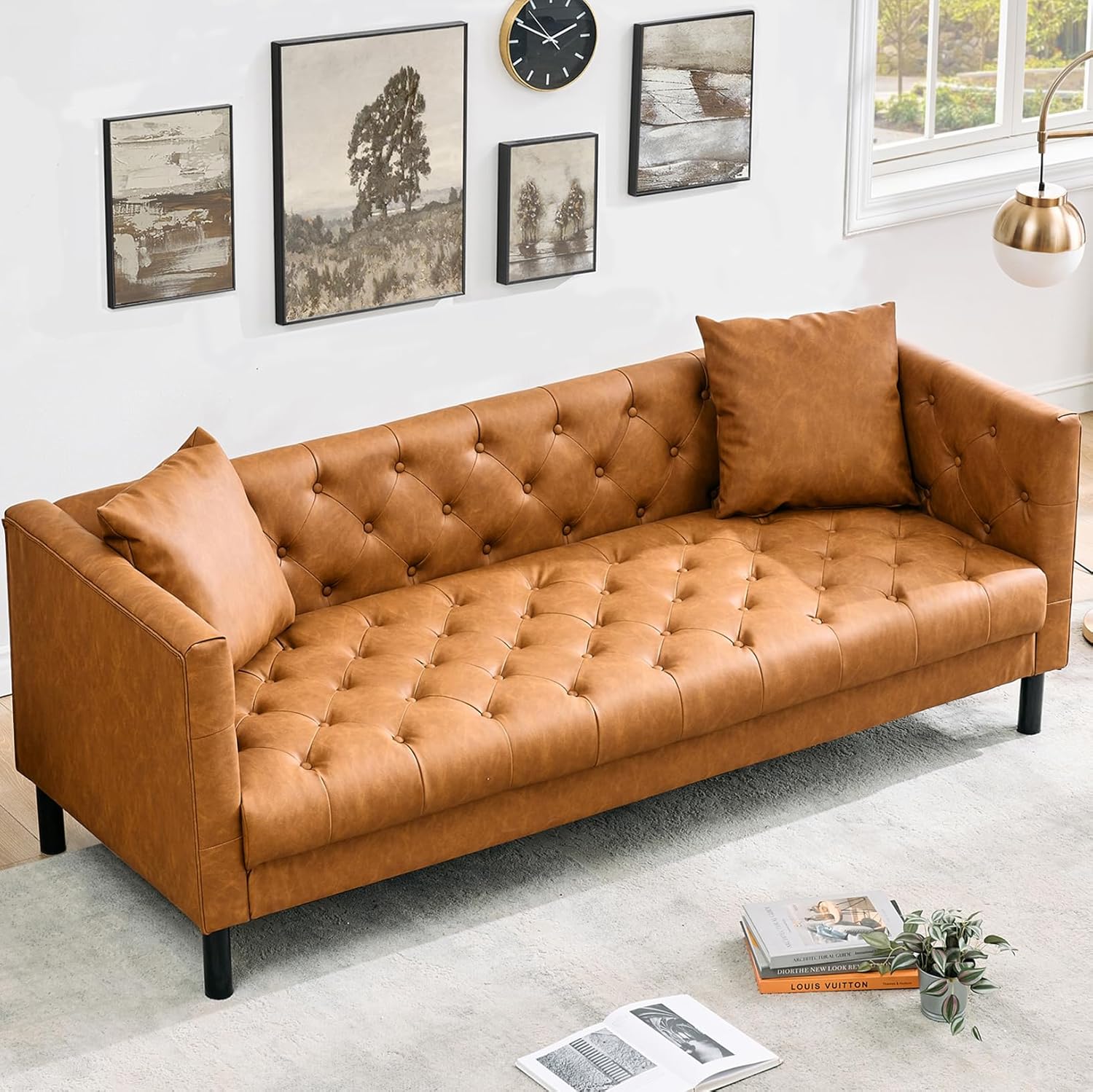 Der Rose PHO_15ZYE7E7 Leather Sofa Button-Tufted 3 Seater Mid-Century Modern with Deep Seat Chesterfield for Living Room Apartment Office Brown