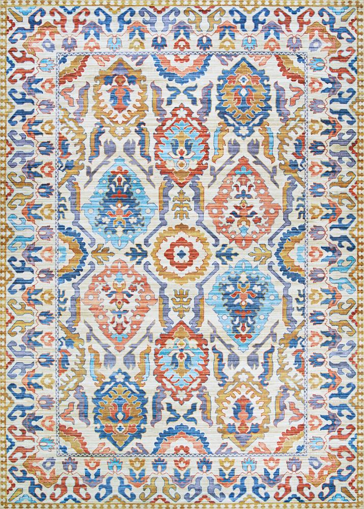 Ivory and Multicolor Synthetic Tribal Runner Rug, 2' x 8'