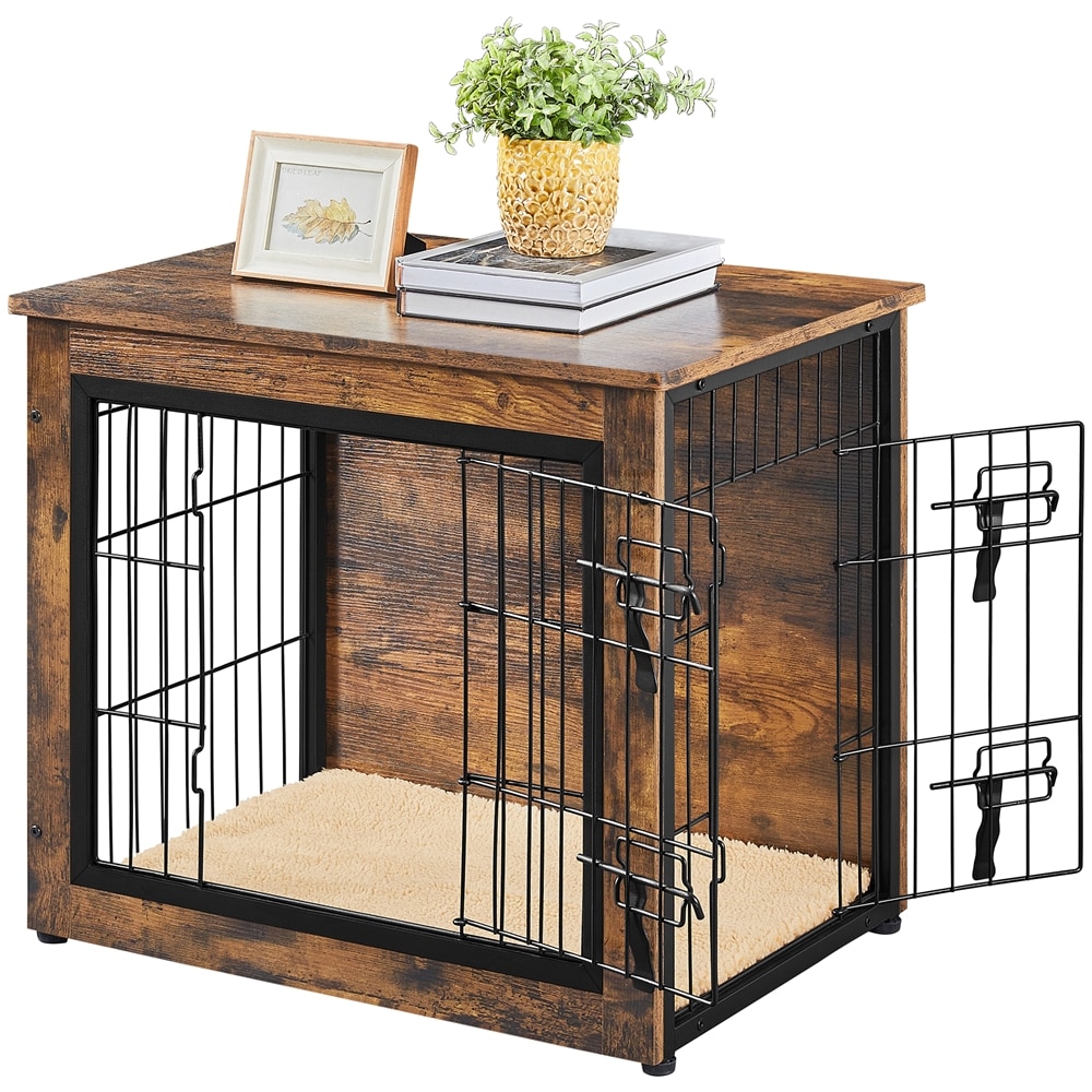 Yaheetech Rustic Brown 27.5-in Industrial Dog Crate Furniture with Non-Slip Plush Mat